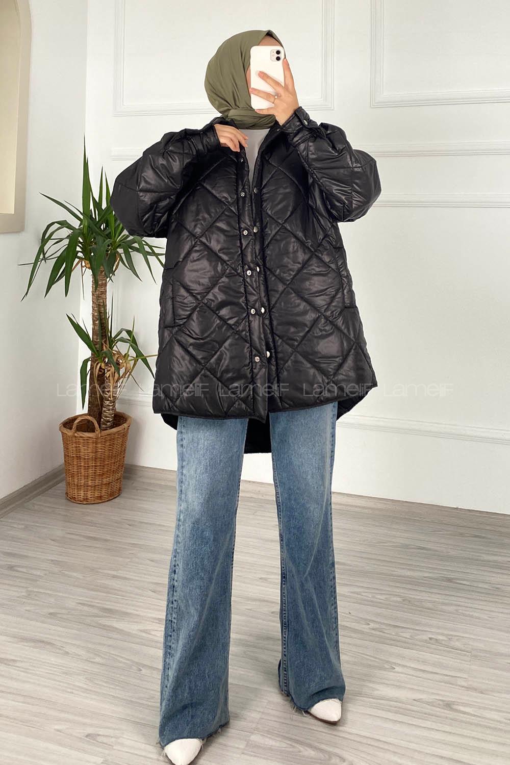 Modalamelif Kapitone Desenli Çift Cepli Çıtçıtlı Mont Siyah