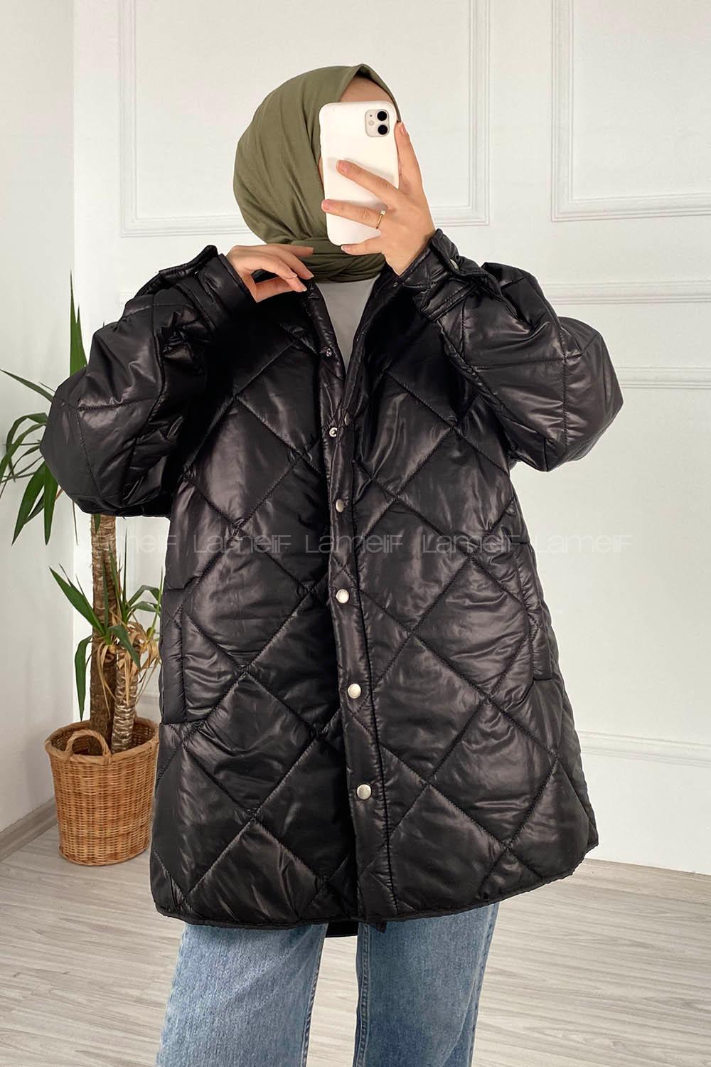 Modalamelif Kapitone Desenli Çift Cepli Çıtçıtlı Mont Siyah