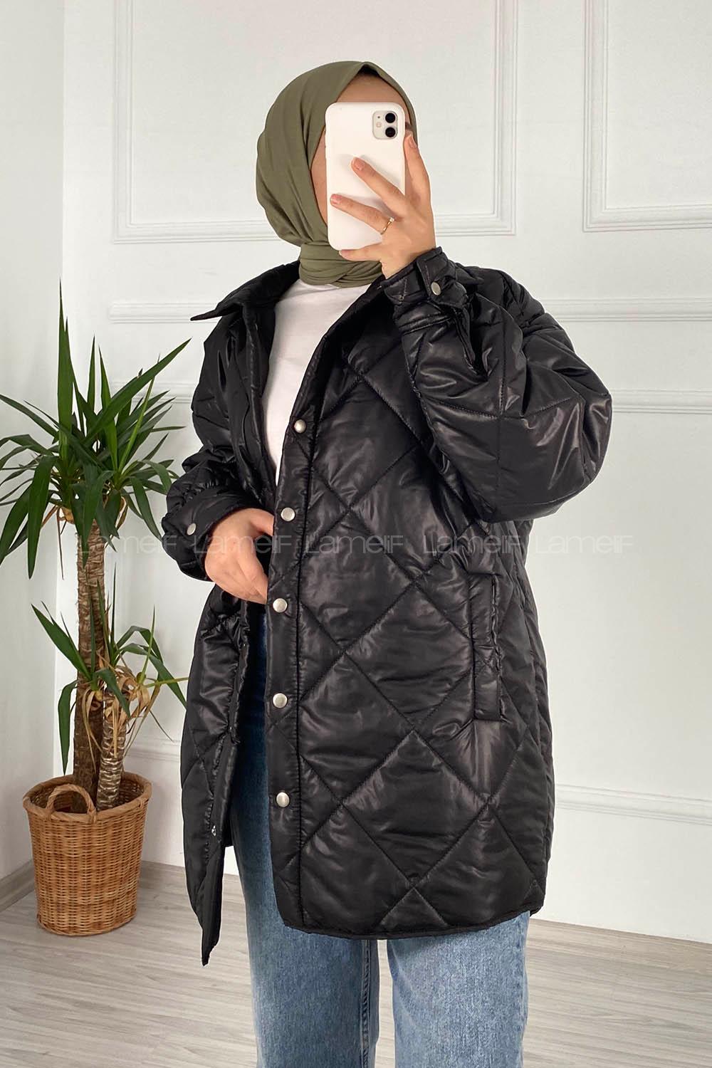 Modalamelif Kapitone Desenli Çift Cepli Çıtçıtlı Mont Siyah