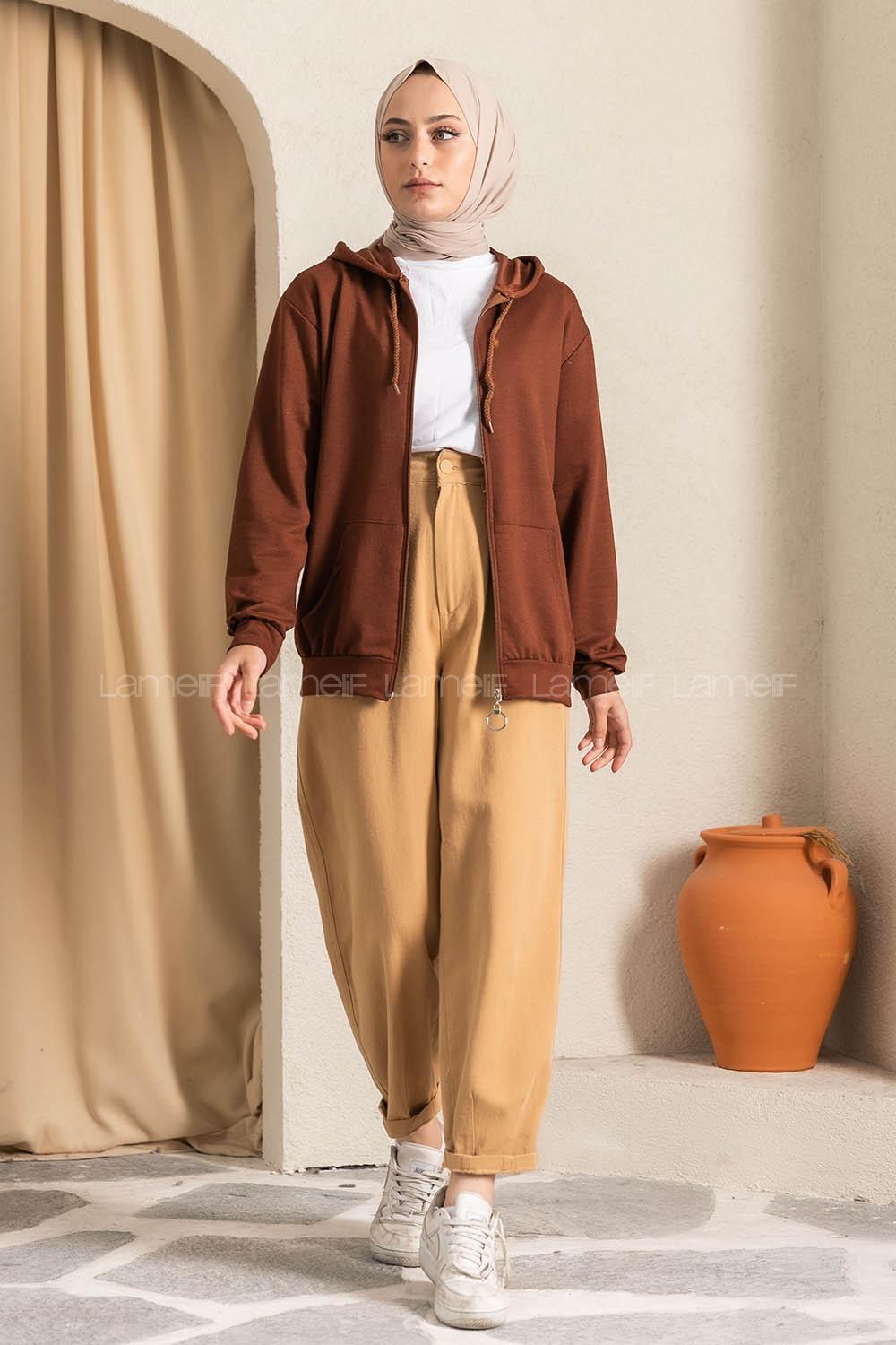 Modalamelif Kapüşon Detaylı Kanguru Cepli Fermuarlı Hırka AcıKahve