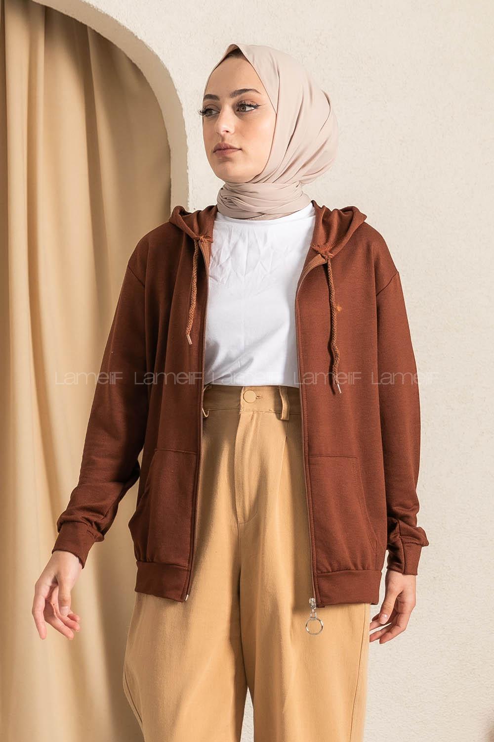 Modalamelif Kapüşon Detaylı Kanguru Cepli Fermuarlı Hırka AcıKahve