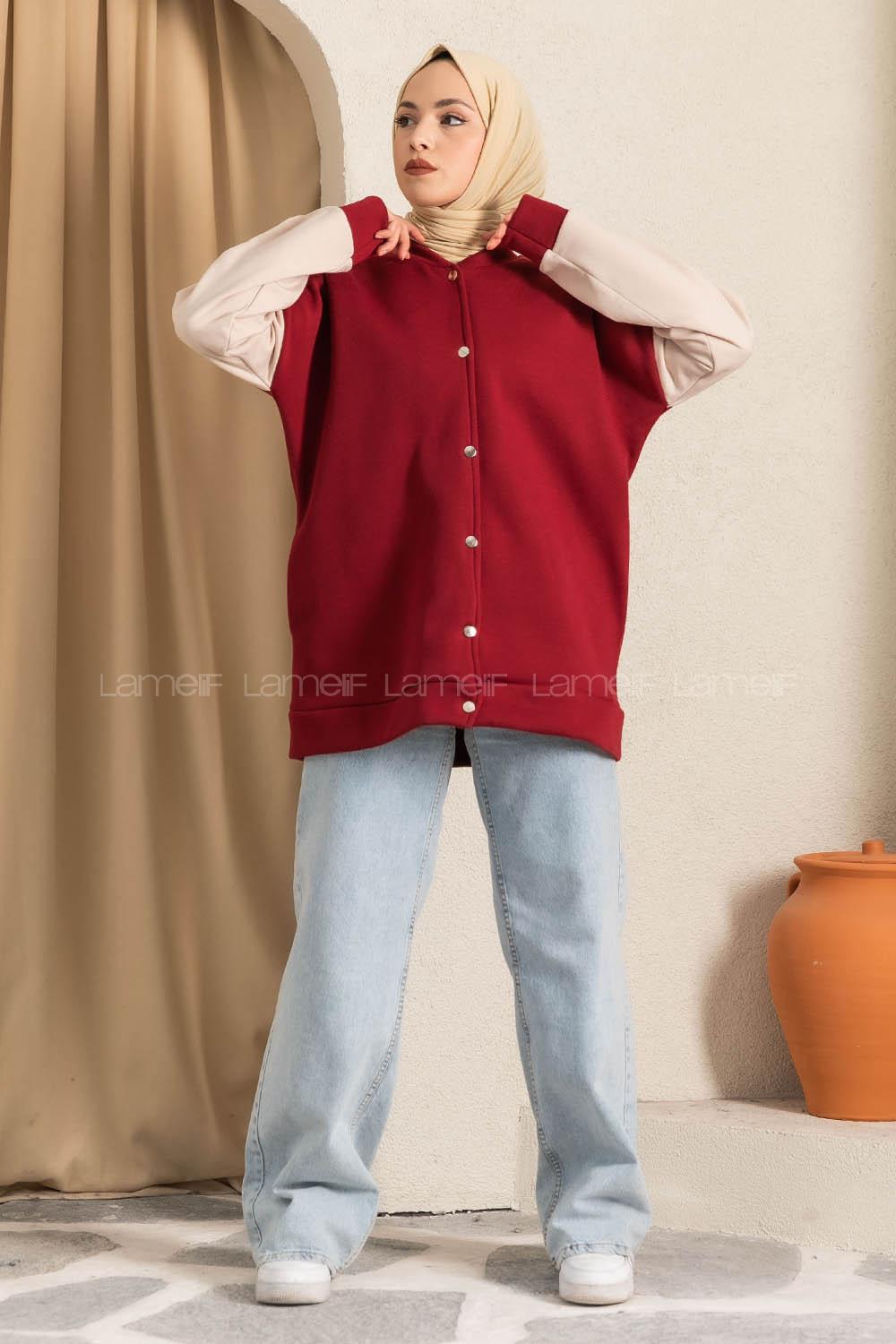 Modalamelif Kol Renk Garnili Çıtçıt Düğmeli Çift Cepli Kolej Hırka Bordo