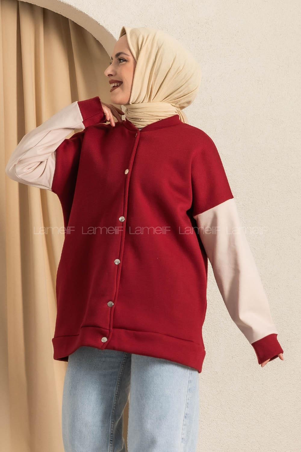 Modalamelif Kol Renk Garnili Çıtçıt Düğmeli Çift Cepli Kolej Hırka Bordo
