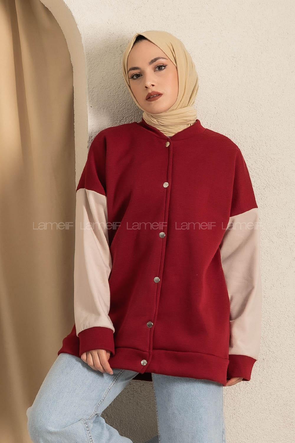 Modalamelif Kol Renk Garnili Çıtçıt Düğmeli Çift Cepli Kolej Hırka Bordo