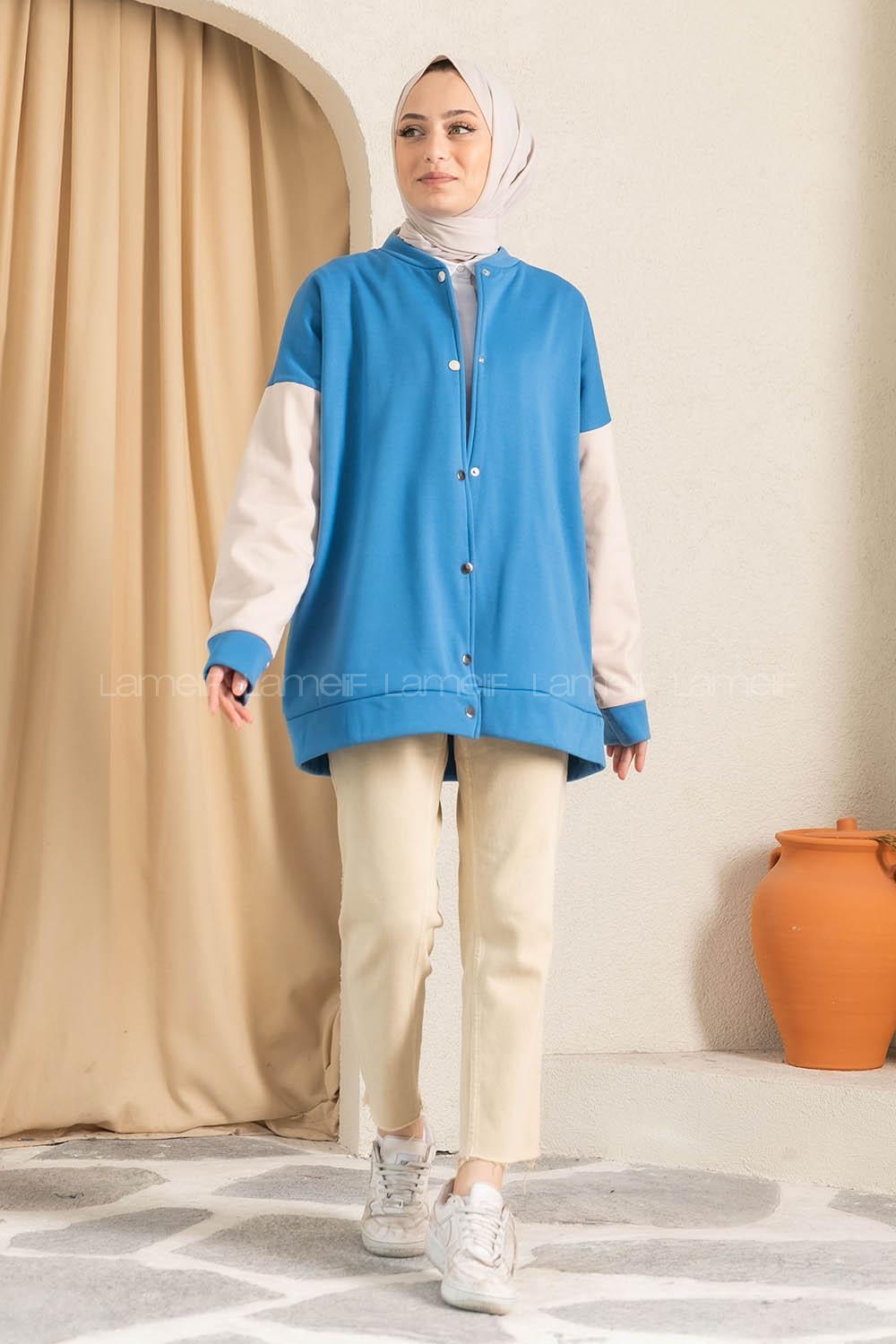 Modalamelif Kol Renk Garnili Çıtçıt Düğmeli Çift Cepli Kolej Hırka Mavi