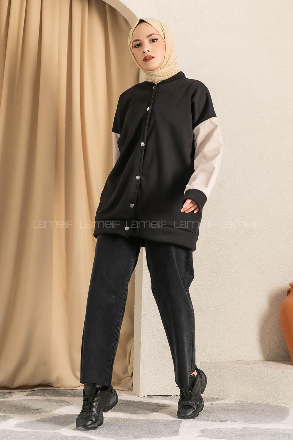 Modalamelif Kol Renk Garnili Çıtçıt Düğmeli Çift Cepli Kolej Hırka Siyah