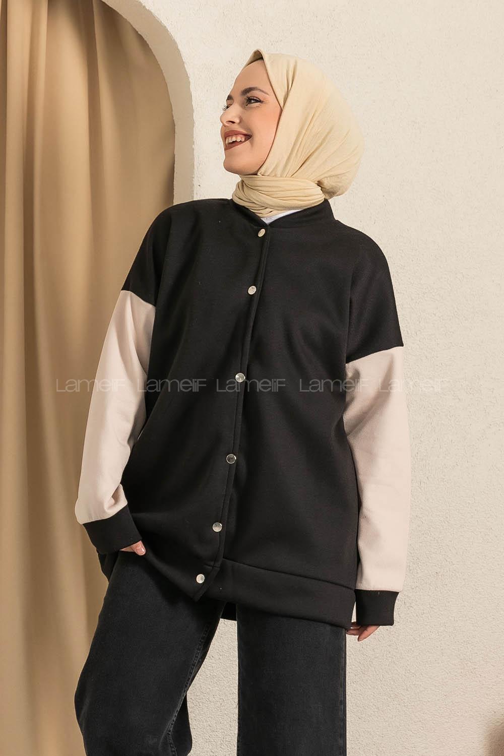 Modalamelif Kol Renk Garnili Çıtçıt Düğmeli Çift Cepli Kolej Hırka Siyah
