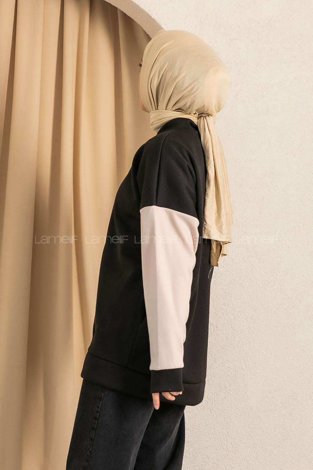 Modalamelif Kol Renk Garnili Çıtçıt Düğmeli Çift Cepli Kolej Hırka Siyah