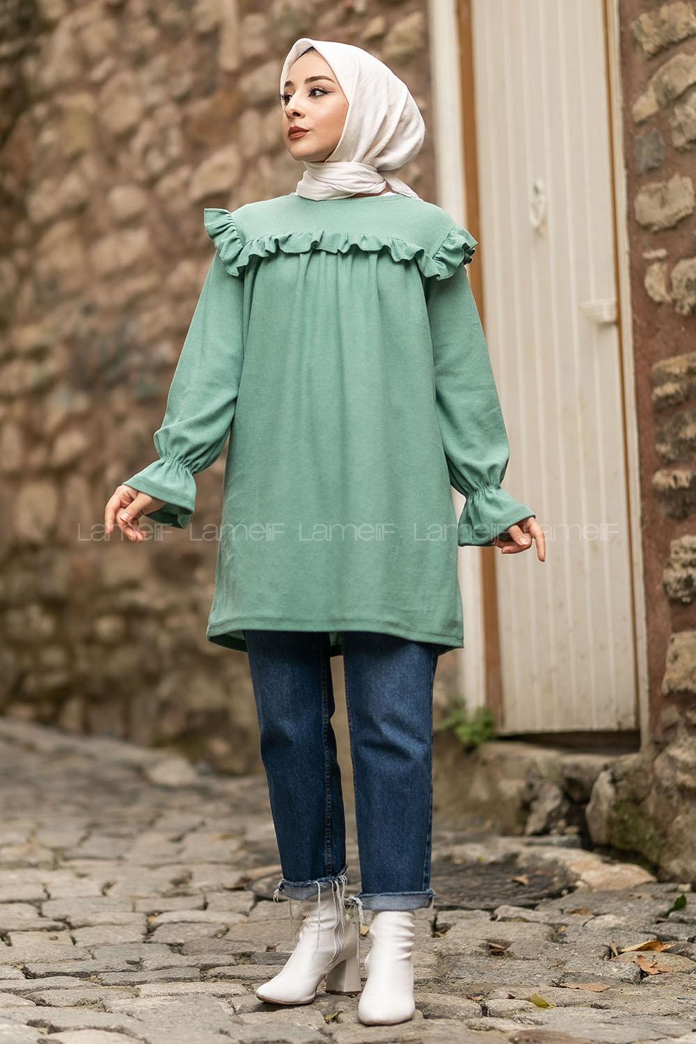 Modalamelif Bisiklet Yaka Önü Fırfır Detaylı Fitlli Tunik Su Yeşili