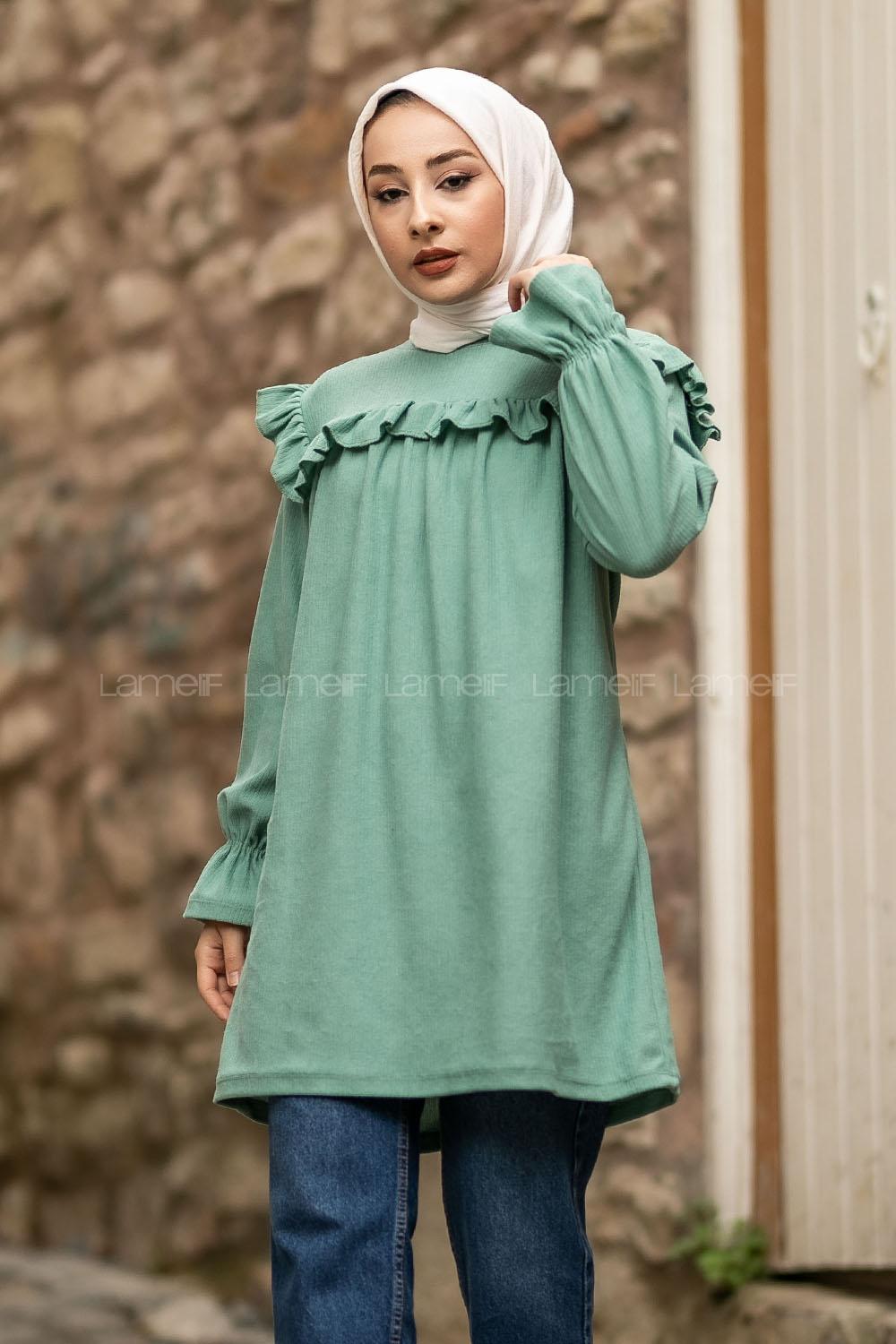 Modalamelif Bisiklet Yaka Önü Fırfır Detaylı Fitlli Tunik Su Yeşili