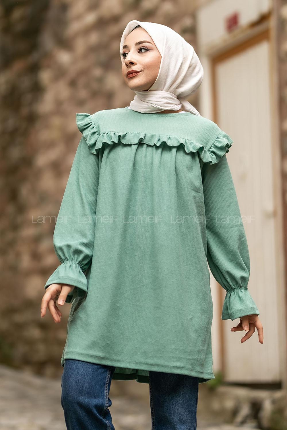 Modalamelif Bisiklet Yaka Önü Fırfır Detaylı Fitlli Tunik Su Yeşili