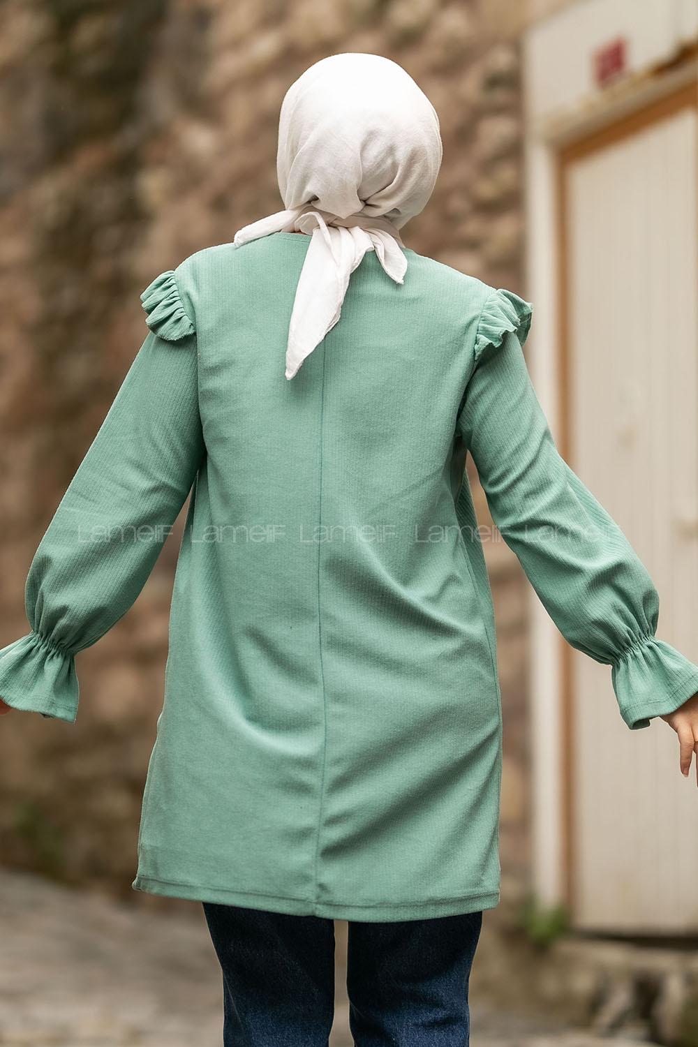 Modalamelif Bisiklet Yaka Önü Fırfır Detaylı Fitlli Tunik Su Yeşili