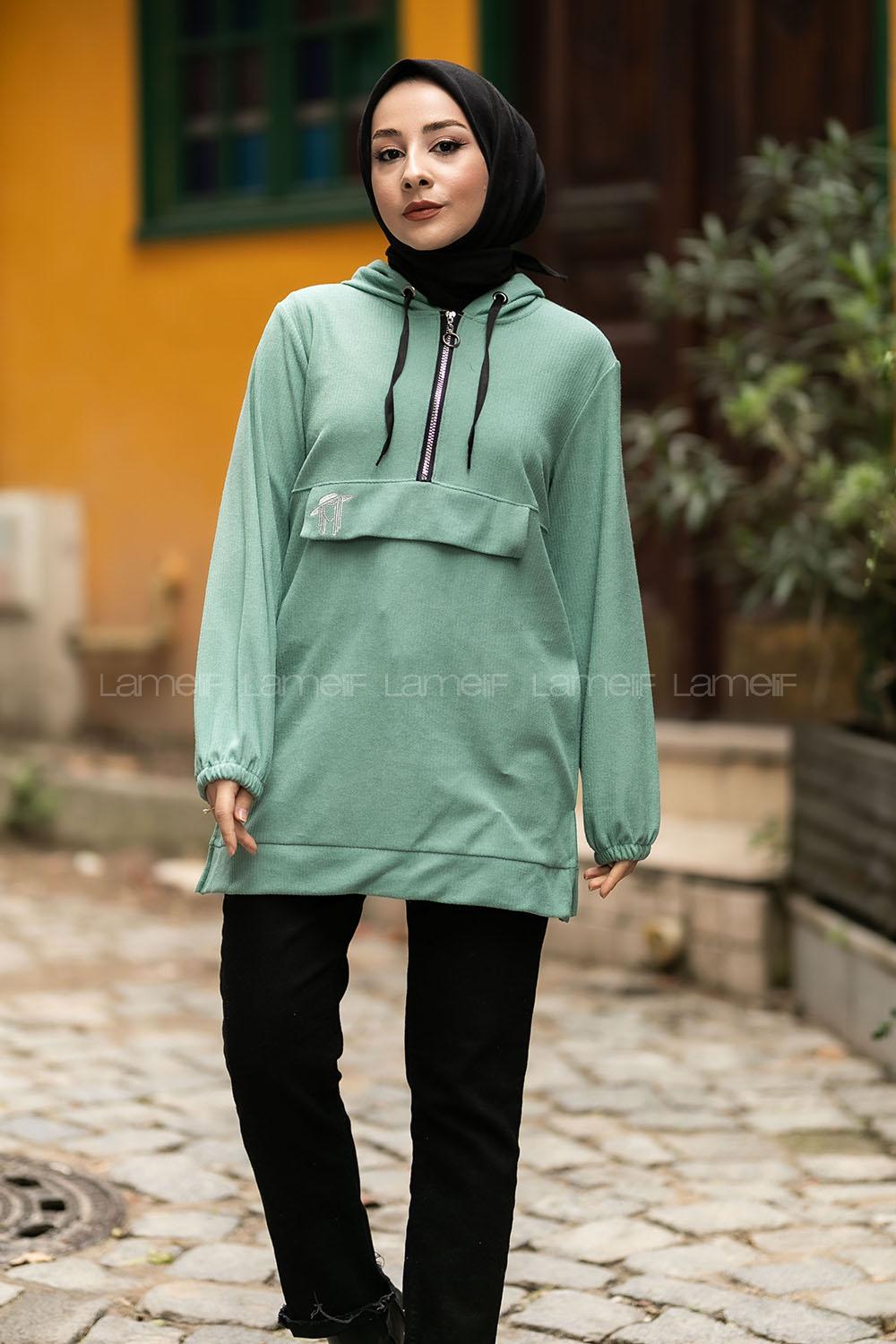 Modalamelif Önü Yarım Fermuar Detaylı Kapüşonlu Yırtmaçlı Tunik Çağla Yeşili
