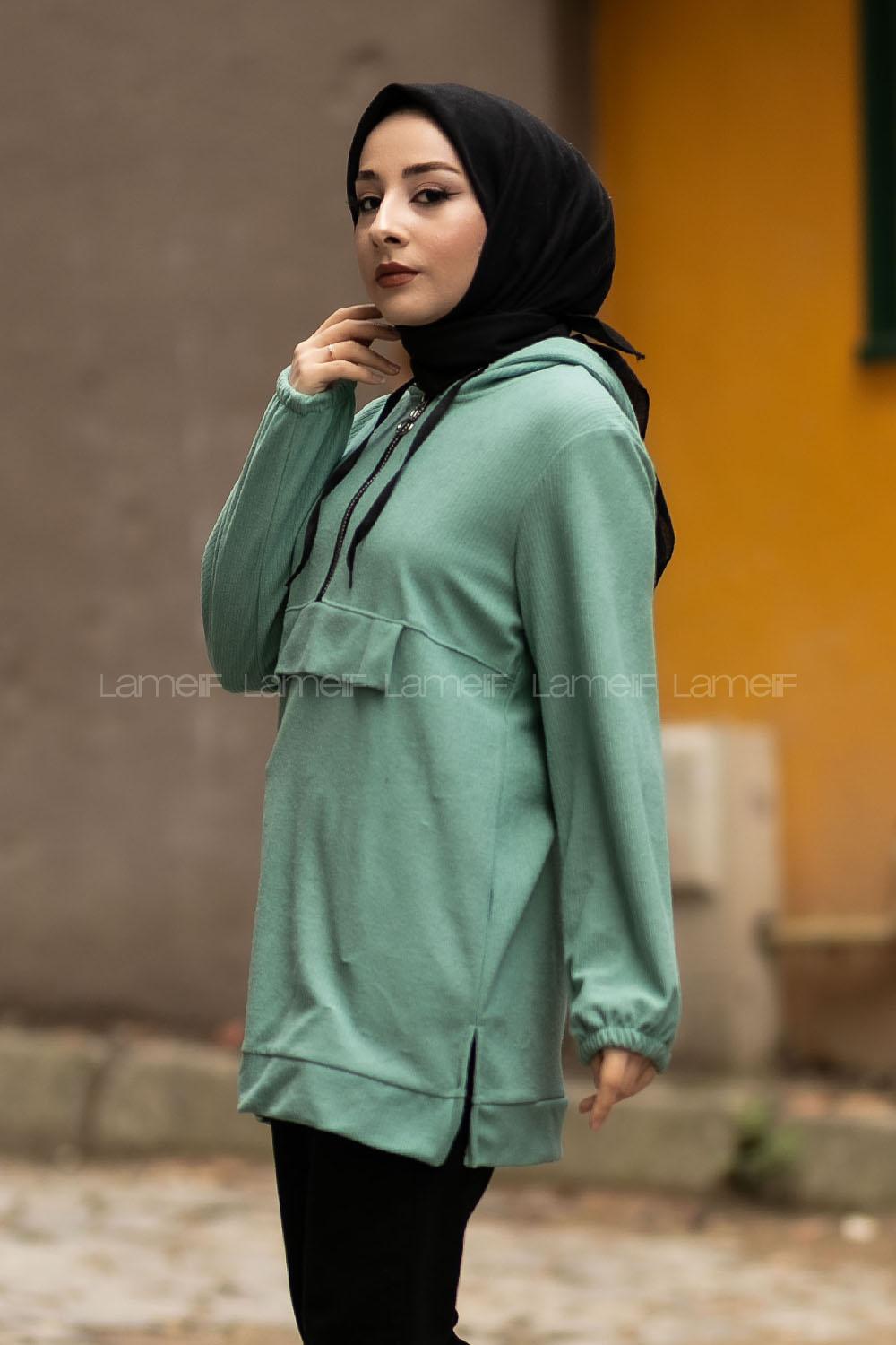 Modalamelif Önü Yarım Fermuar Detaylı Kapüşonlu Yırtmaçlı Tunik Çağla Yeşili