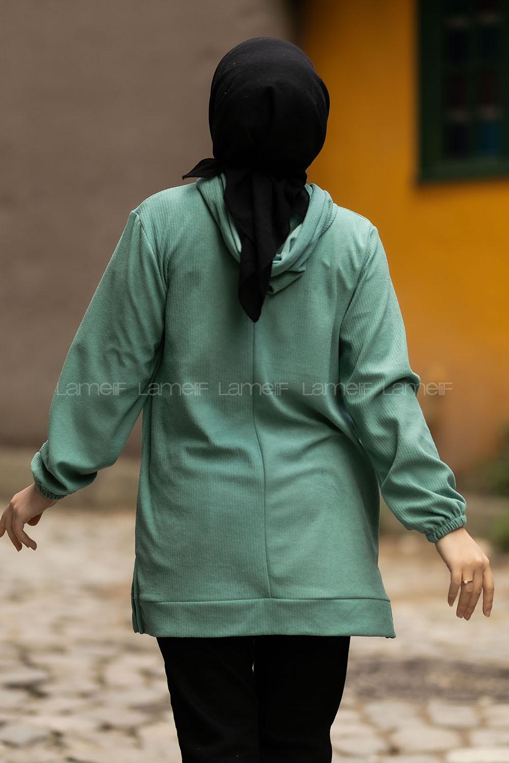 Modalamelif Önü Yarım Fermuar Detaylı Kapüşonlu Yırtmaçlı Tunik Çağla Yeşili