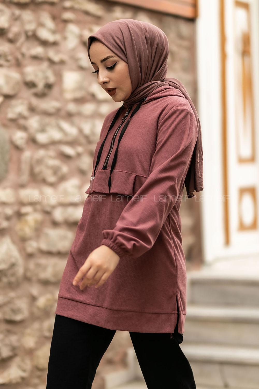 Modalamelif Önü Yarım Fermuar Detaylı Kapüşonlu Yırtmaçlı Tunik Gül