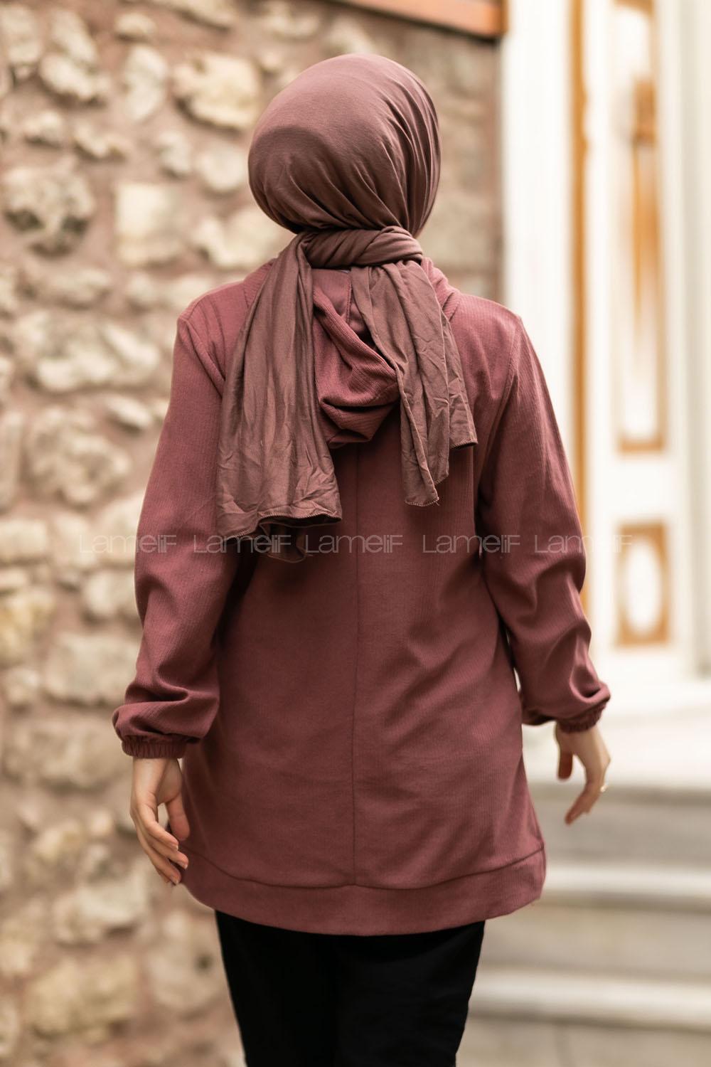 Modalamelif Önü Yarım Fermuar Detaylı Kapüşonlu Yırtmaçlı Tunik Gül