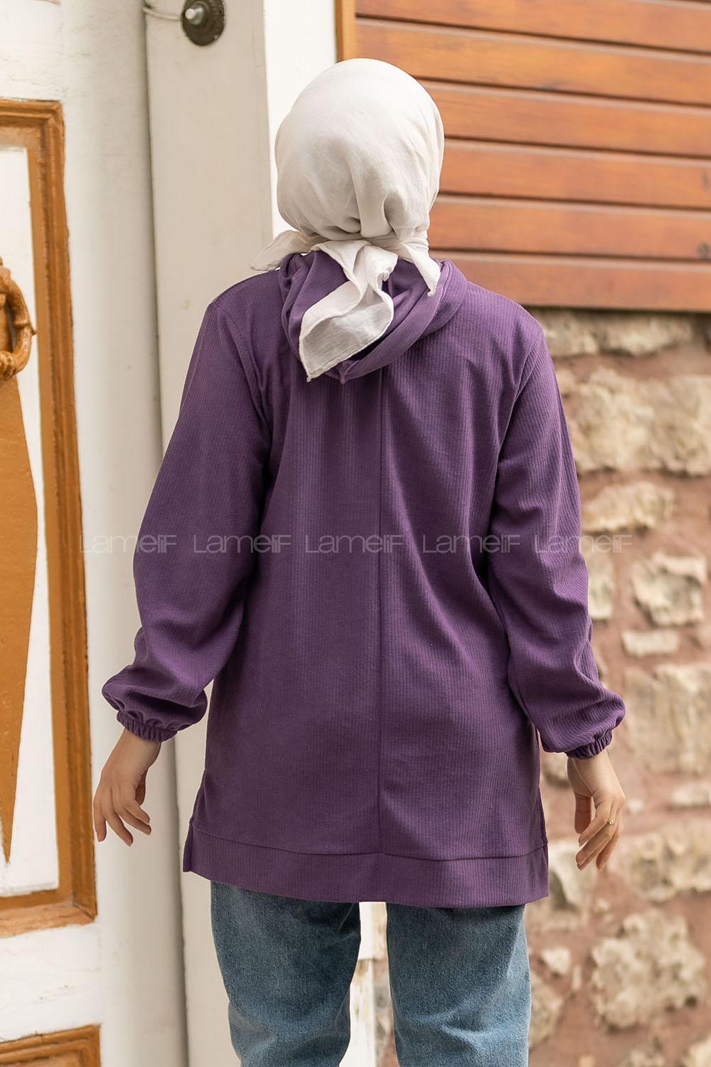 Modalamelif Önü Yarım Fermuar Detaylı Kapüşonlu Yırtmaçlı Tunik Mor