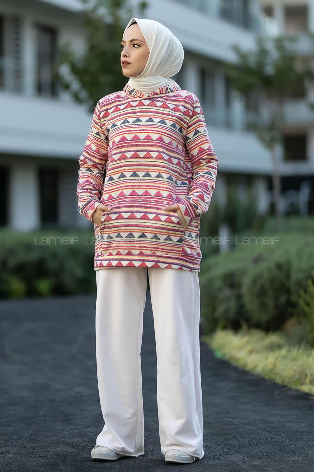 Modalamelif Kapüşon Detaylı Kanguru Cepli Desenli Sweat Pembe-Sarı