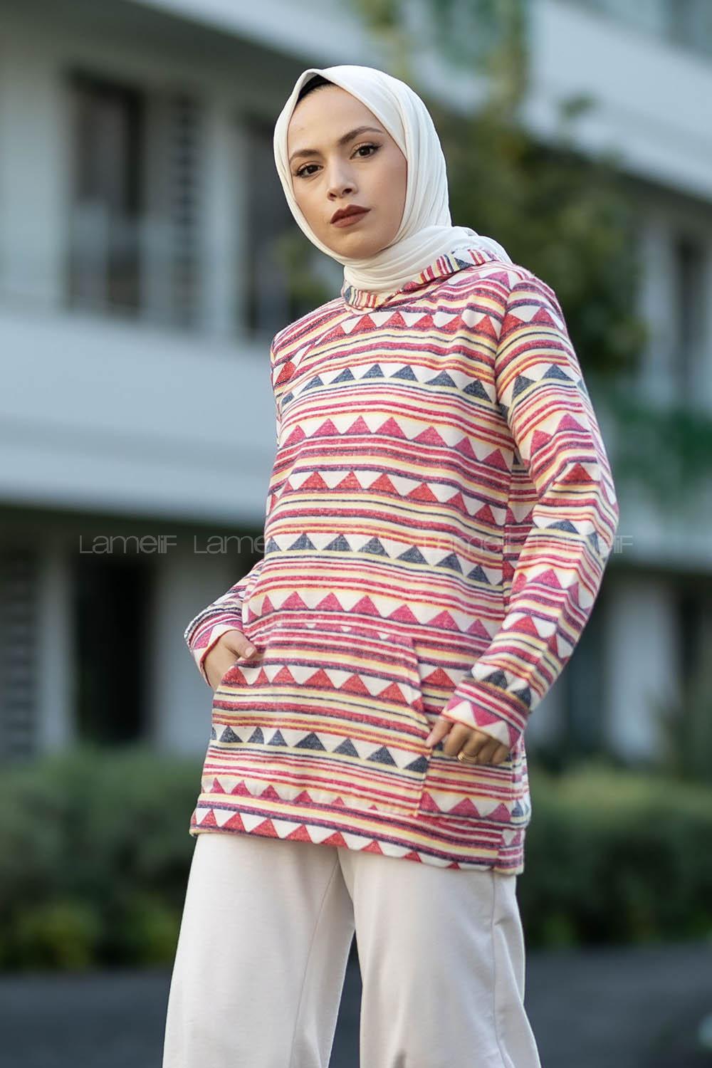 Modalamelif Kapüşon Detaylı Kanguru Cepli Desenli Sweat Pembe-Sarı