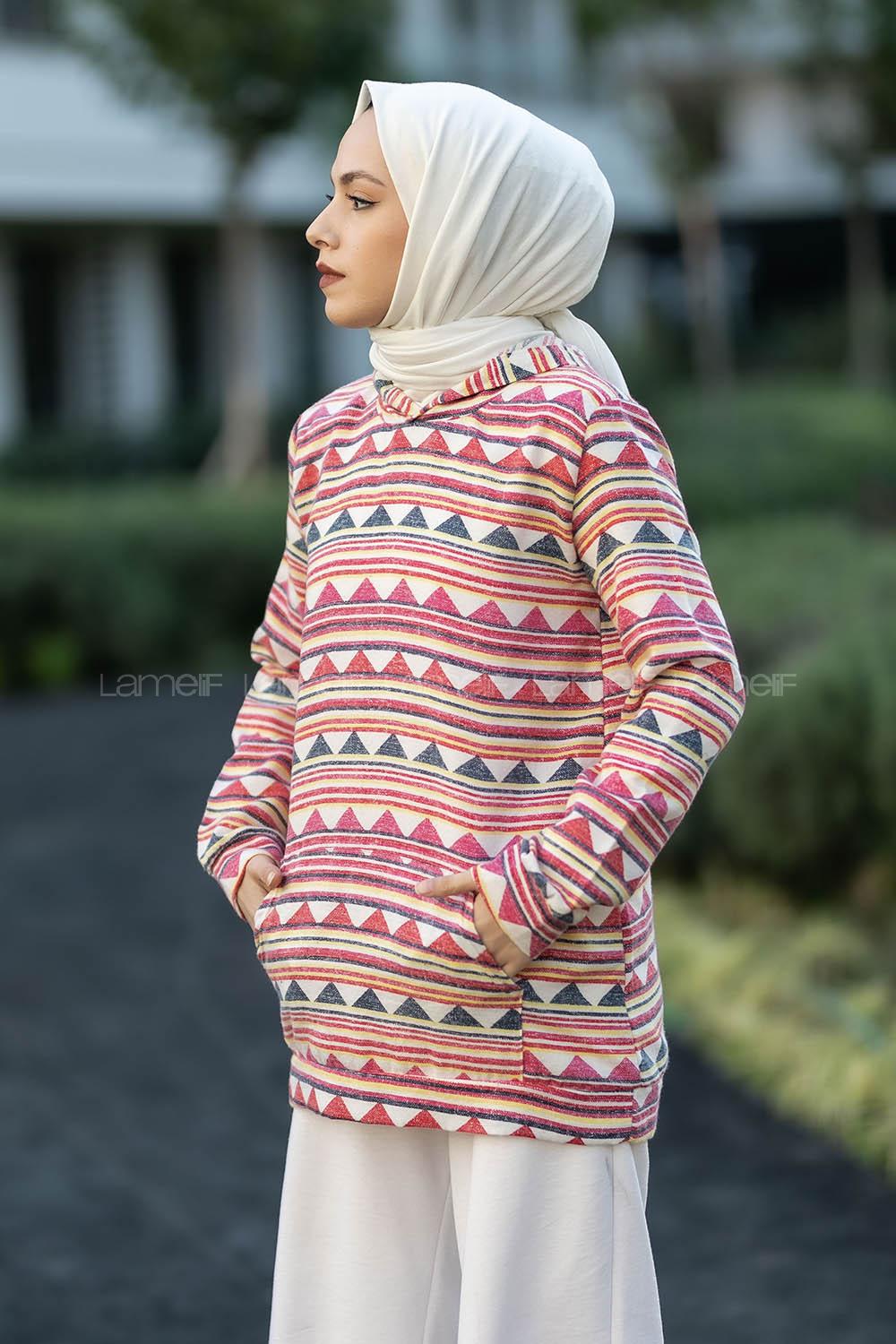 Modalamelif Kapüşon Detaylı Kanguru Cepli Desenli Sweat Pembe-Sarı