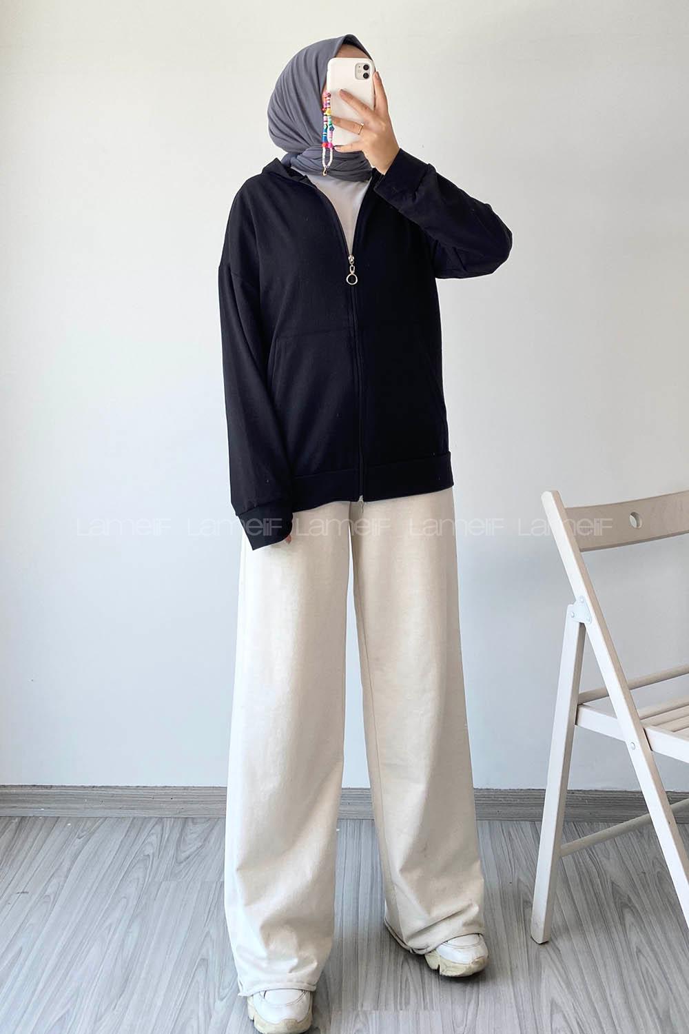 Modalamelif Kapüşonlu Fermuarlı Çift Cepli Hırka Siyah