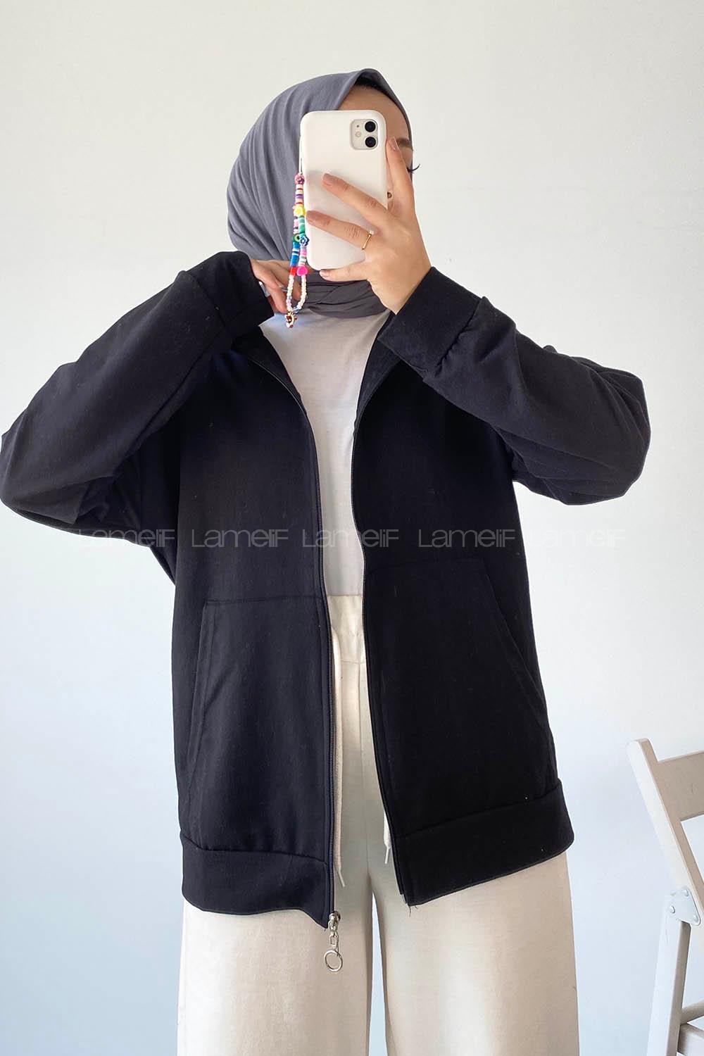 Modalamelif Kapüşonlu Fermuarlı Çift Cepli Hırka Siyah