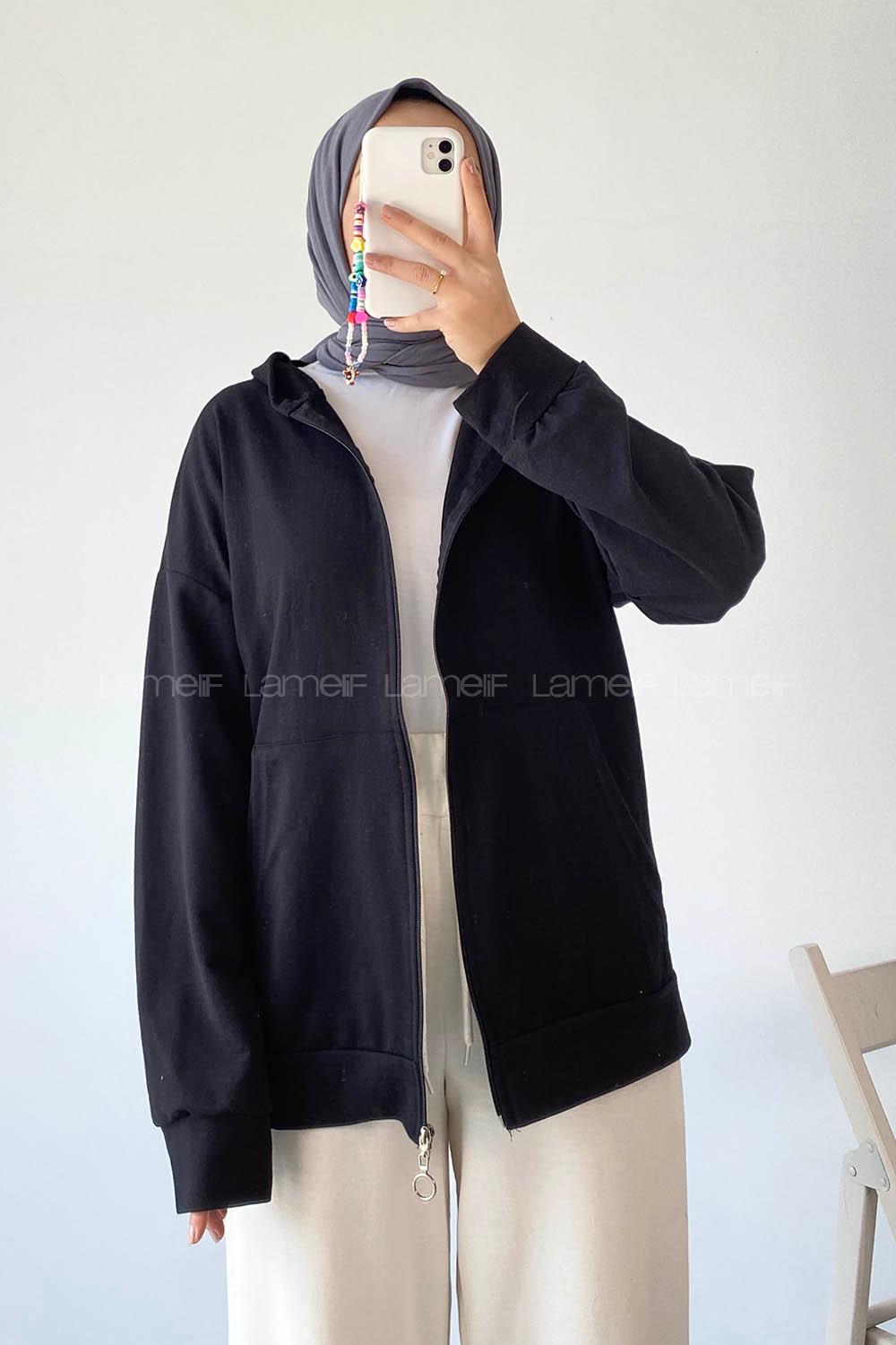 Modalamelif Kapüşonlu Fermuarlı Çift Cepli Hırka Siyah