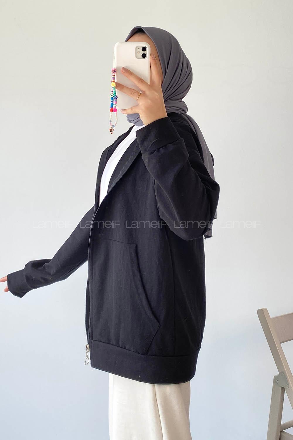 Modalamelif Kapüşonlu Fermuarlı Çift Cepli Hırka Siyah