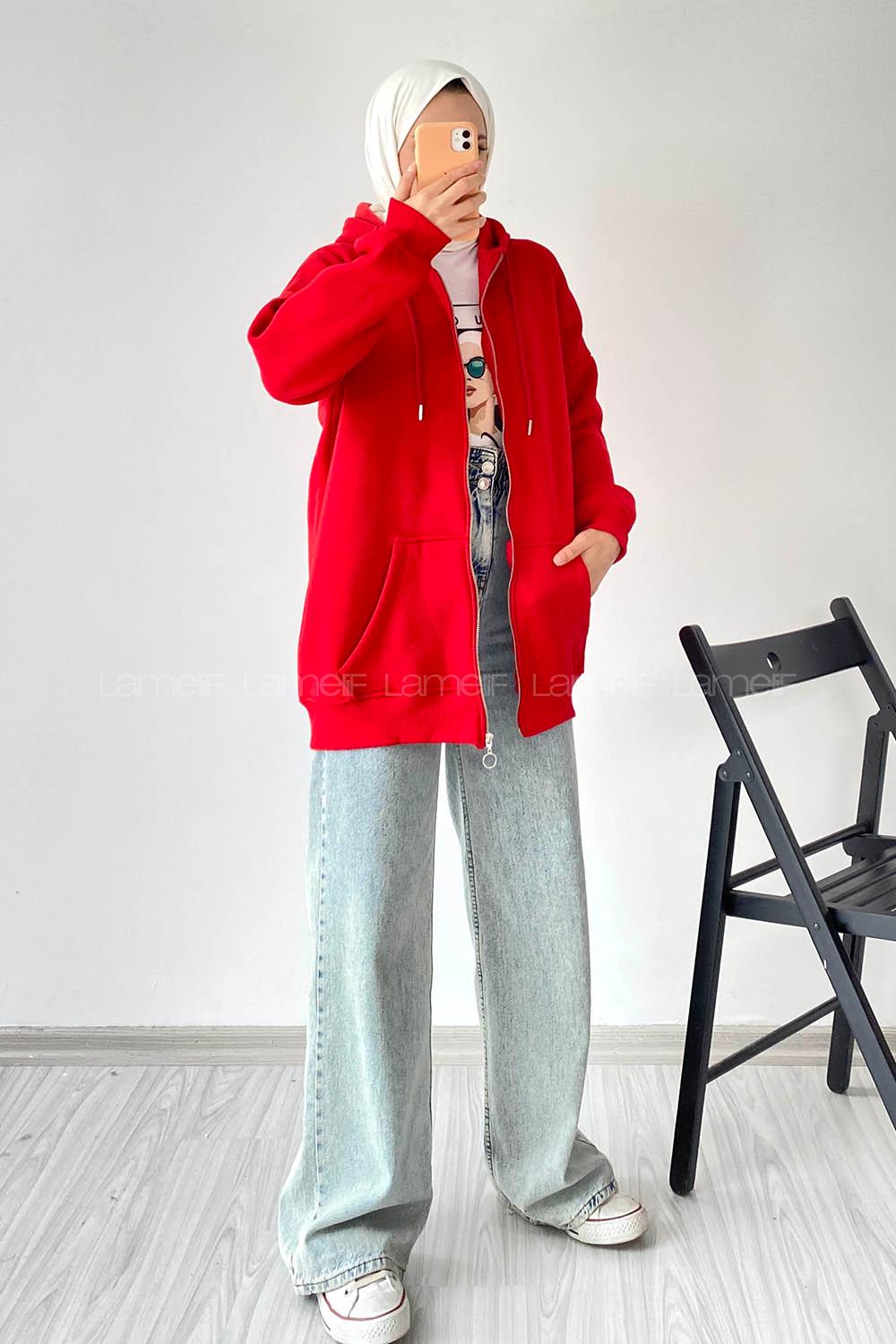 Modalamelif Kapüşon Detaylı Kanguru Cepli Fermuarlı Hırka Kırmızı