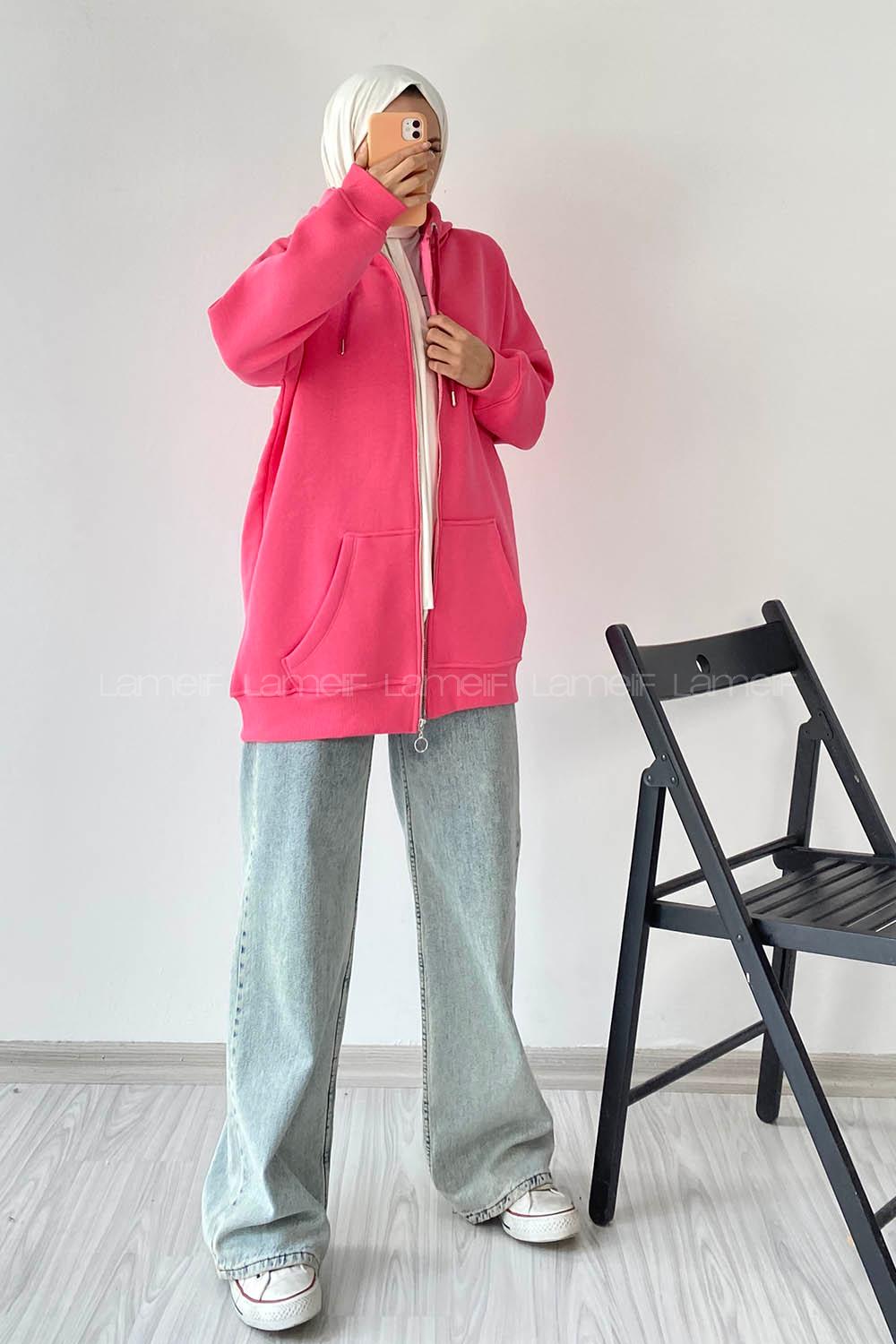 Modalamelif Kapüşon Detaylı Kanguru Cepli Fermuarlı Hırka Pembe