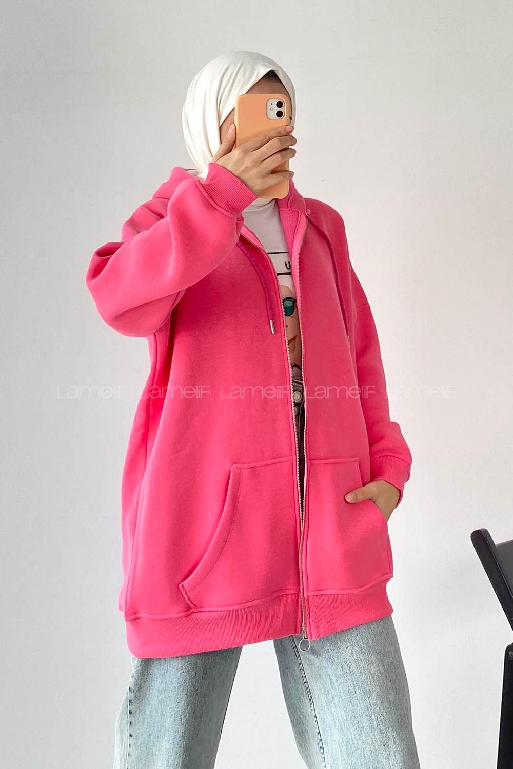 Modalamelif Kapüşon Detaylı Kanguru Cepli Fermuarlı Hırka Pembe