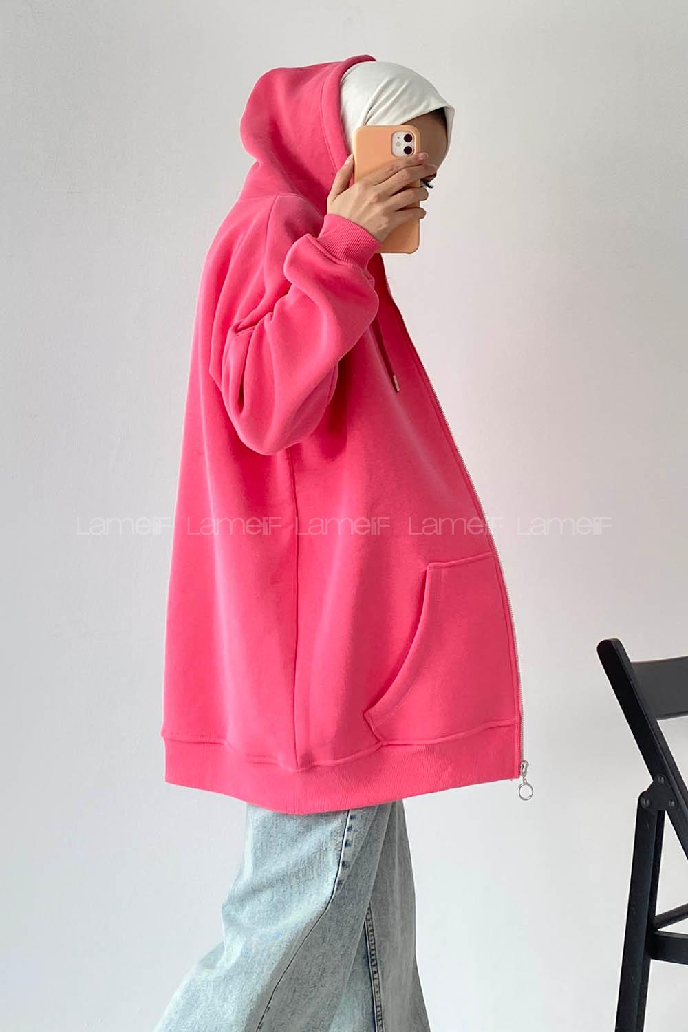 Modalamelif Kapüşon Detaylı Kanguru Cepli Fermuarlı Hırka Pembe