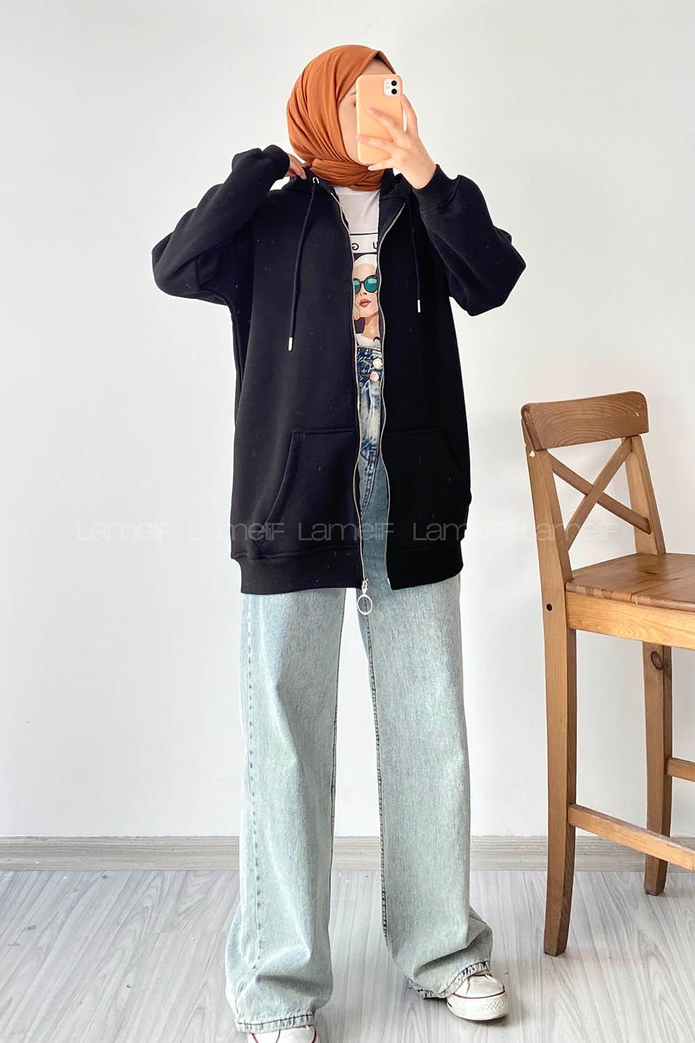 Modalamelif Kapüşon Detaylı Kanguru Cepli Fermuarlı Hırka Siyah