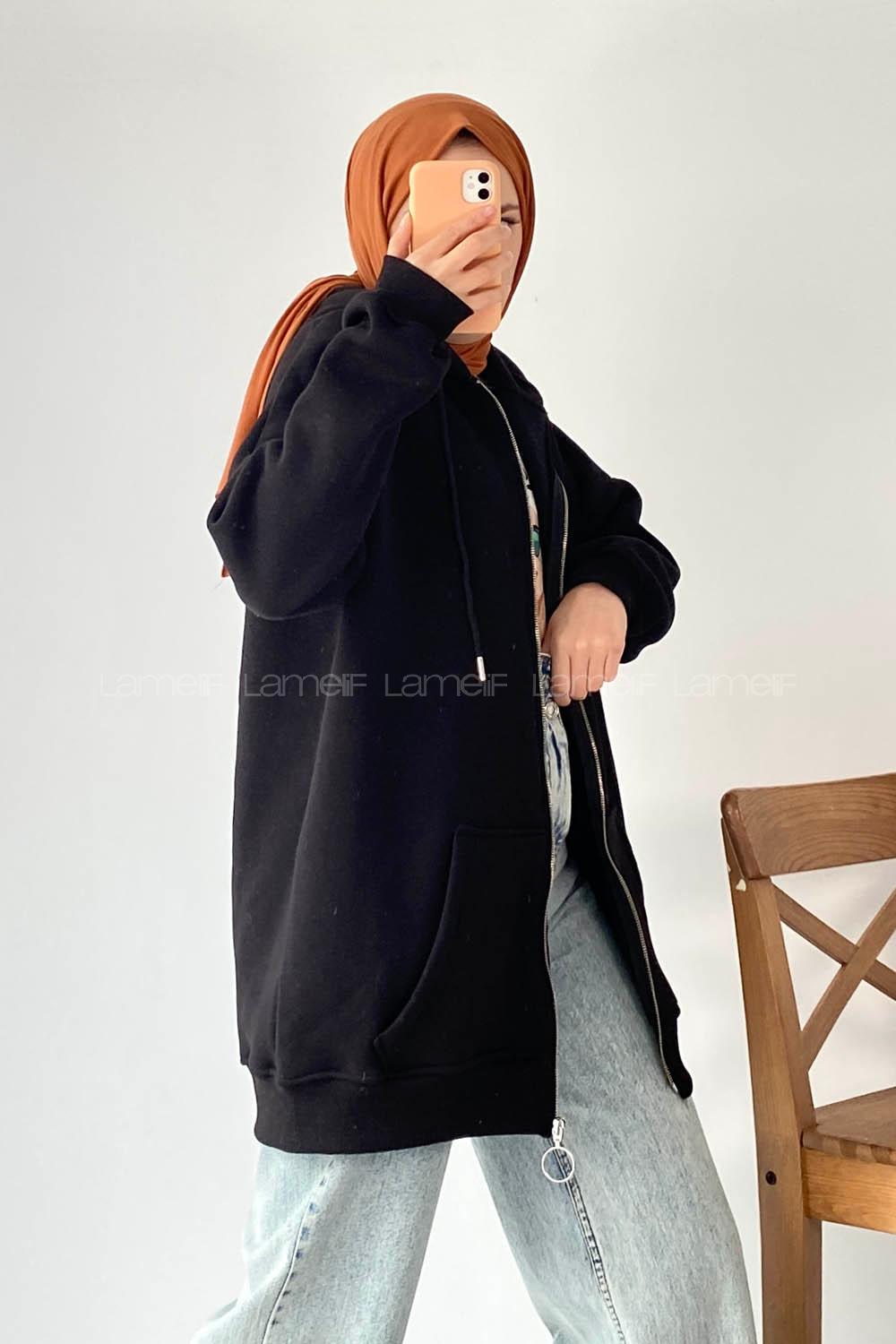Modalamelif Kapüşon Detaylı Kanguru Cepli Fermuarlı Hırka Siyah