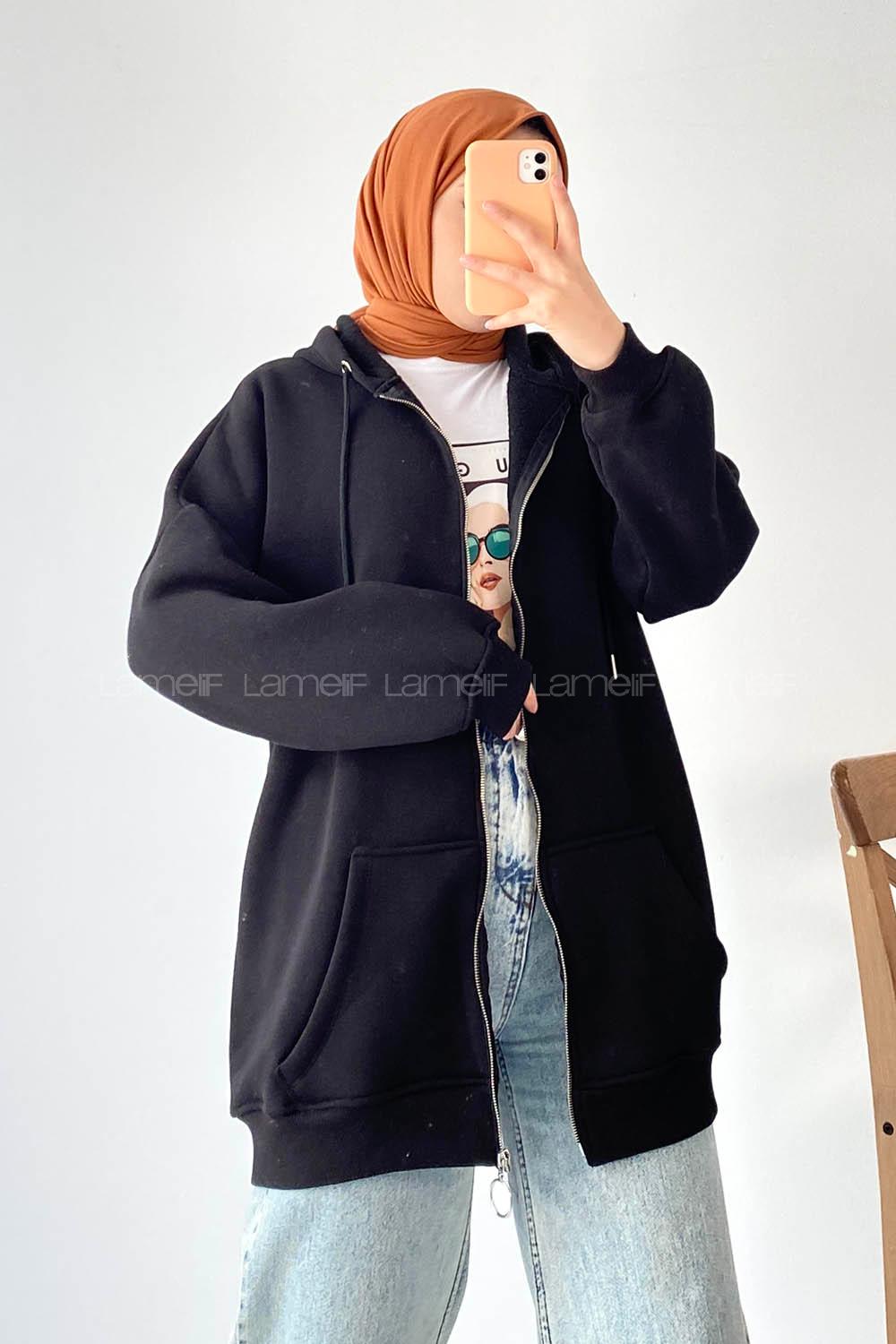 Modalamelif Kapüşon Detaylı Kanguru Cepli Fermuarlı Hırka Siyah