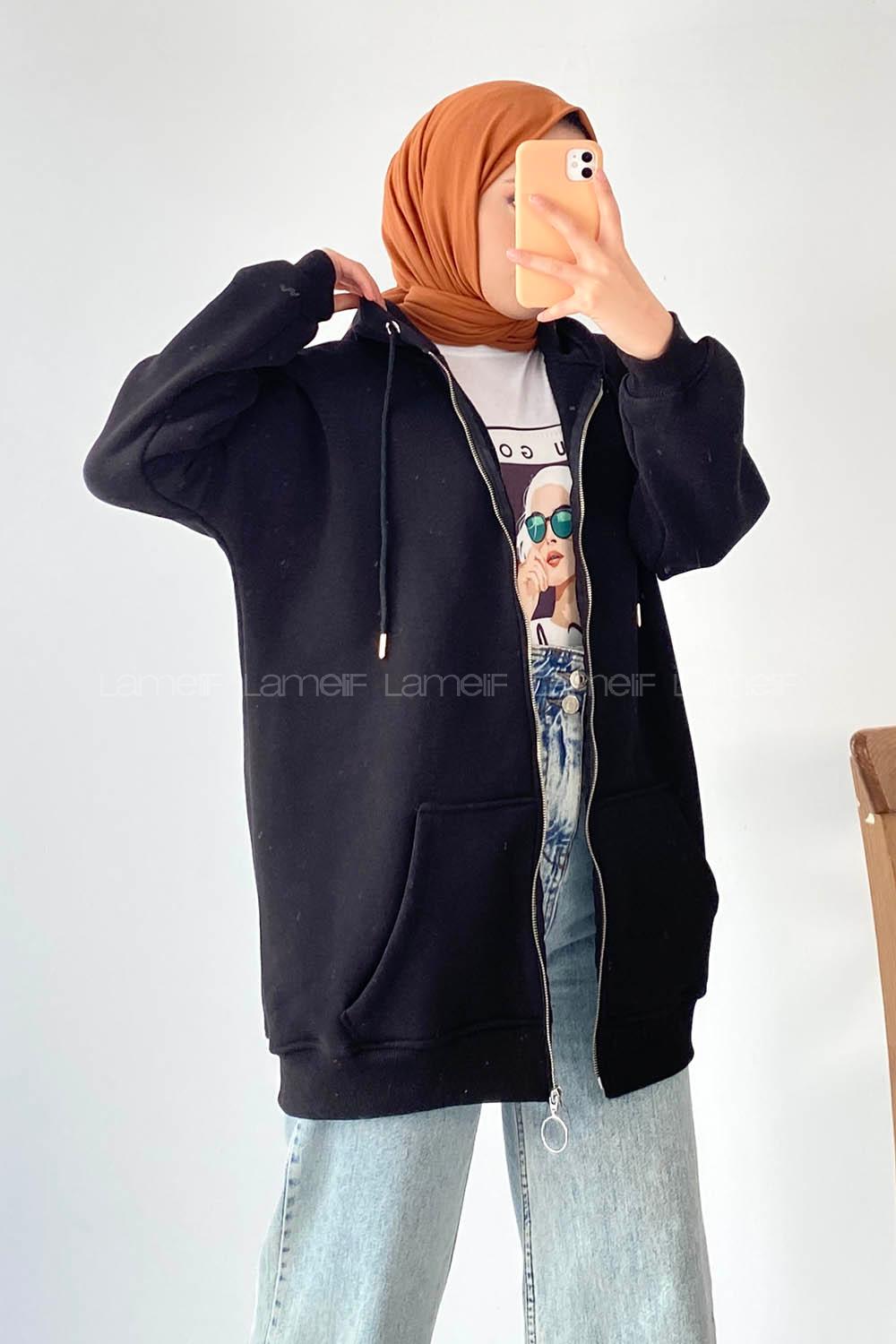 Modalamelif Kapüşon Detaylı Kanguru Cepli Fermuarlı Hırka Siyah