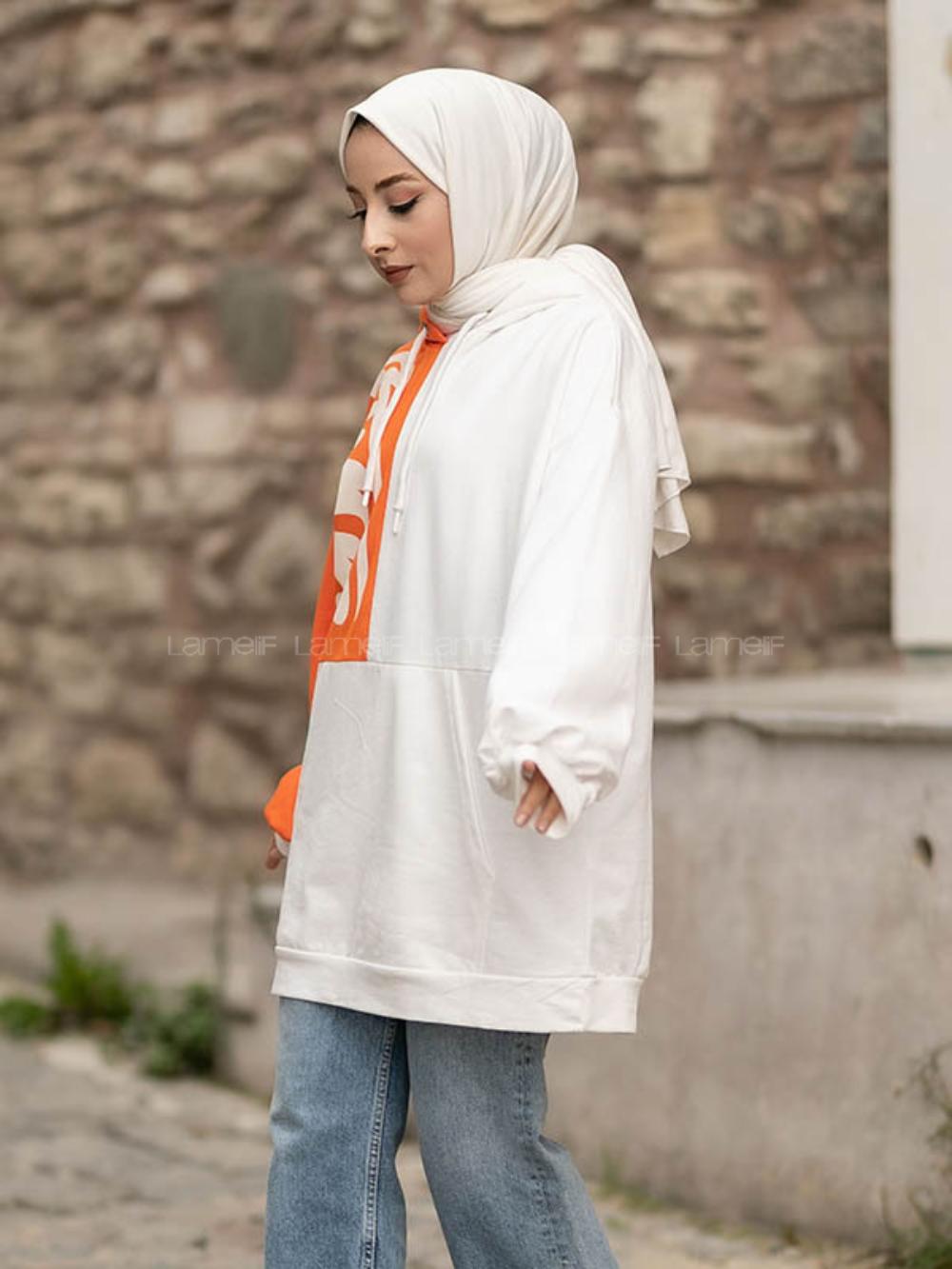 Modalamelif Kapüşonlu Renk Garnili Kanguru Cepli Sweat Turuncu Ekru