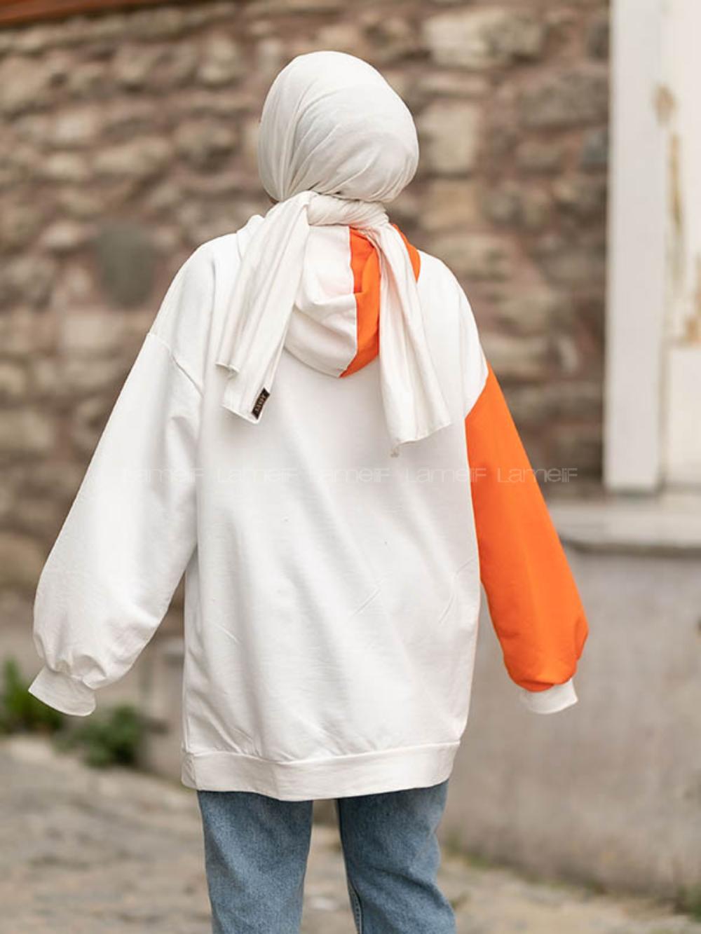 Modalamelif Kapüşonlu Renk Garnili Kanguru Cepli Sweat Turuncu Ekru