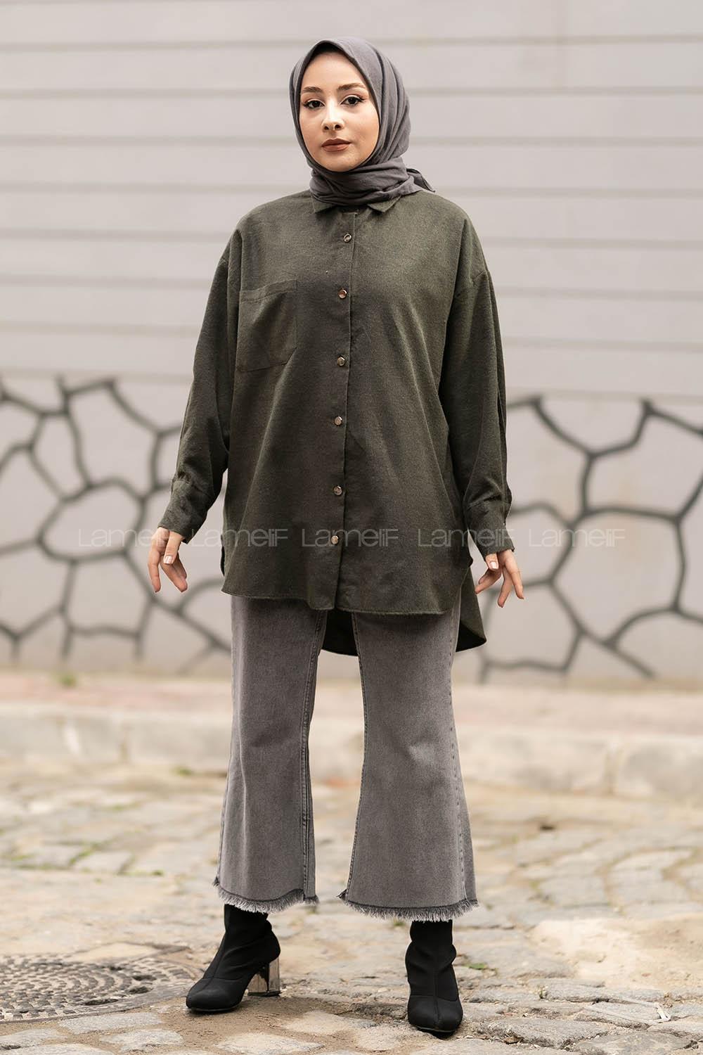 Modalamelif Önü Boydan Düğmeli Tek Cepli Arkası Uzun Tunik Haki