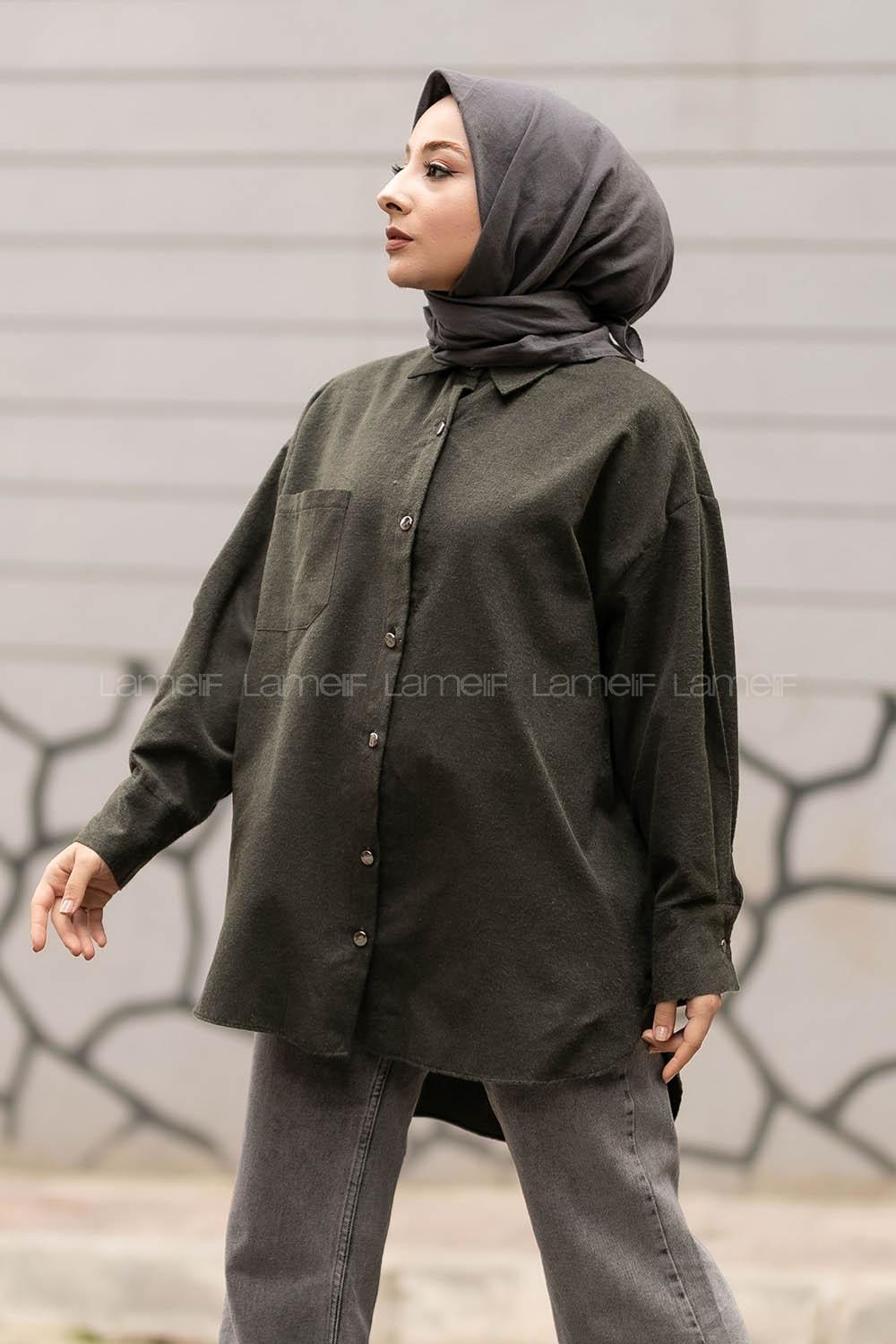 Modalamelif Önü Boydan Düğmeli Tek Cepli Arkası Uzun Tunik Haki