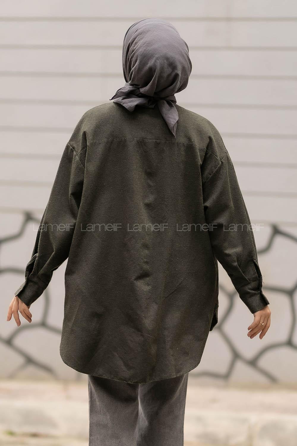 Modalamelif Önü Boydan Düğmeli Tek Cepli Arkası Uzun Tunik Haki