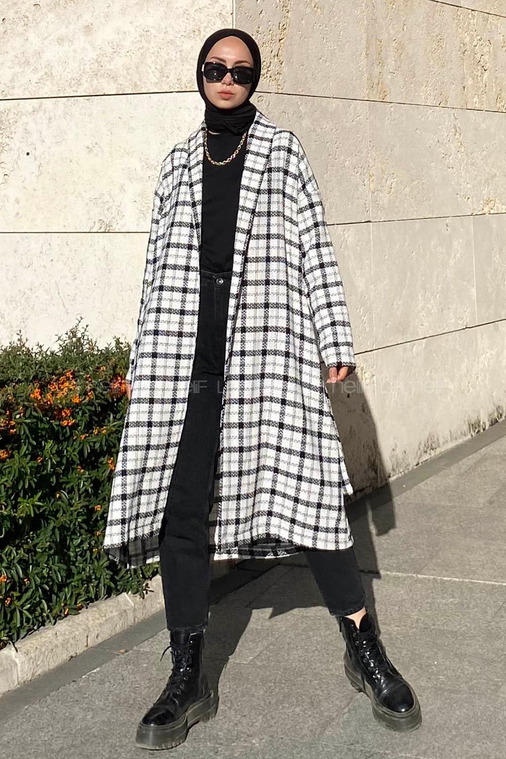 Modalamelif Ekose Desenli Kuşak Bağlamalı Trenç Beyaz-Siyah