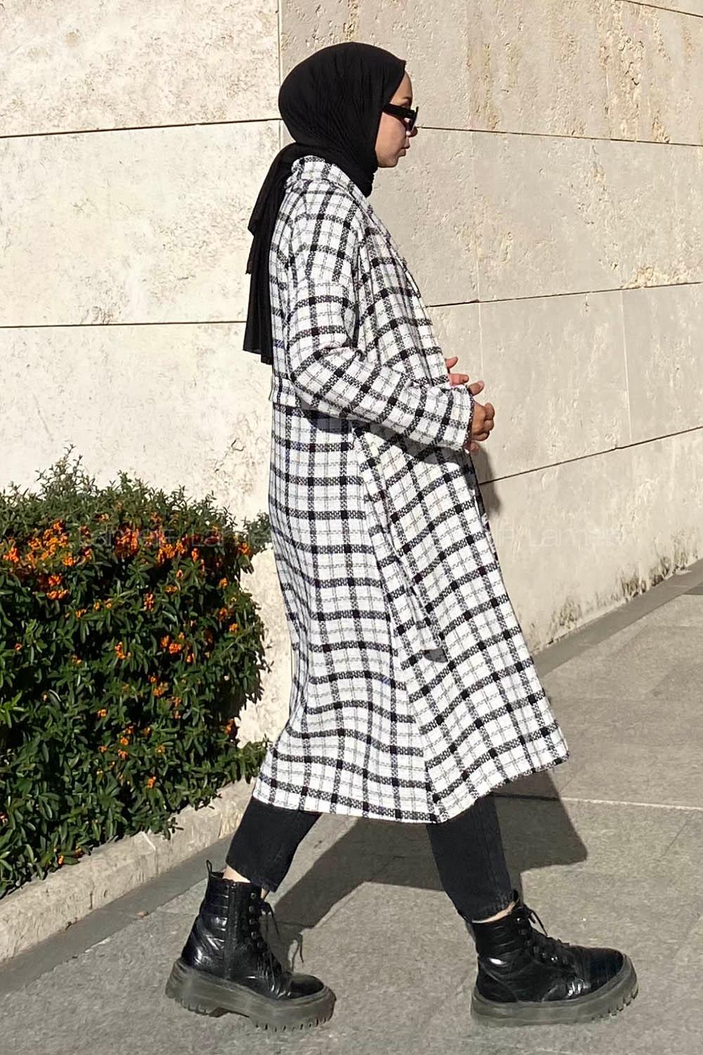 Modalamelif Ekose Desenli Kuşak Bağlamalı Trenç Beyaz-Siyah