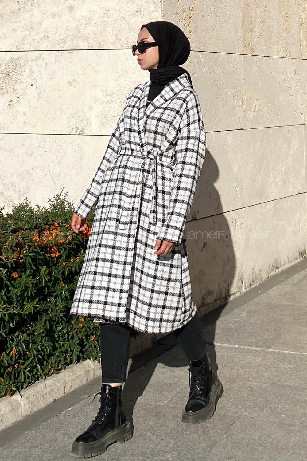 Modalamelif Ekose Desenli Kuşak Bağlamalı Trenç Beyaz-Siyah