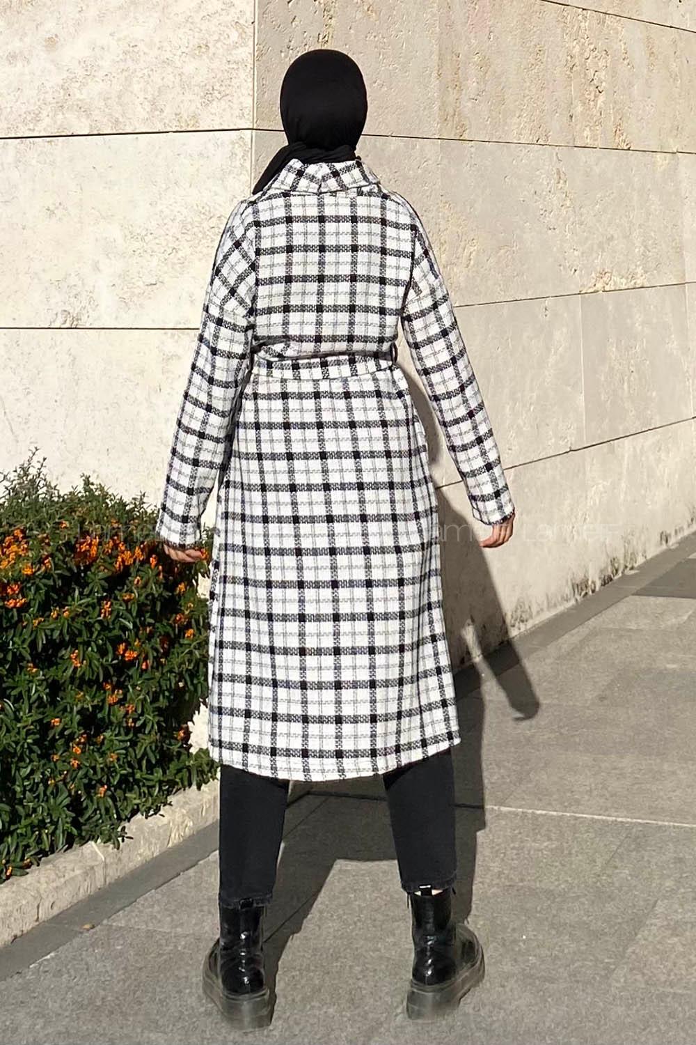 Modalamelif Ekose Desenli Kuşak Bağlamalı Trenç Beyaz-Siyah