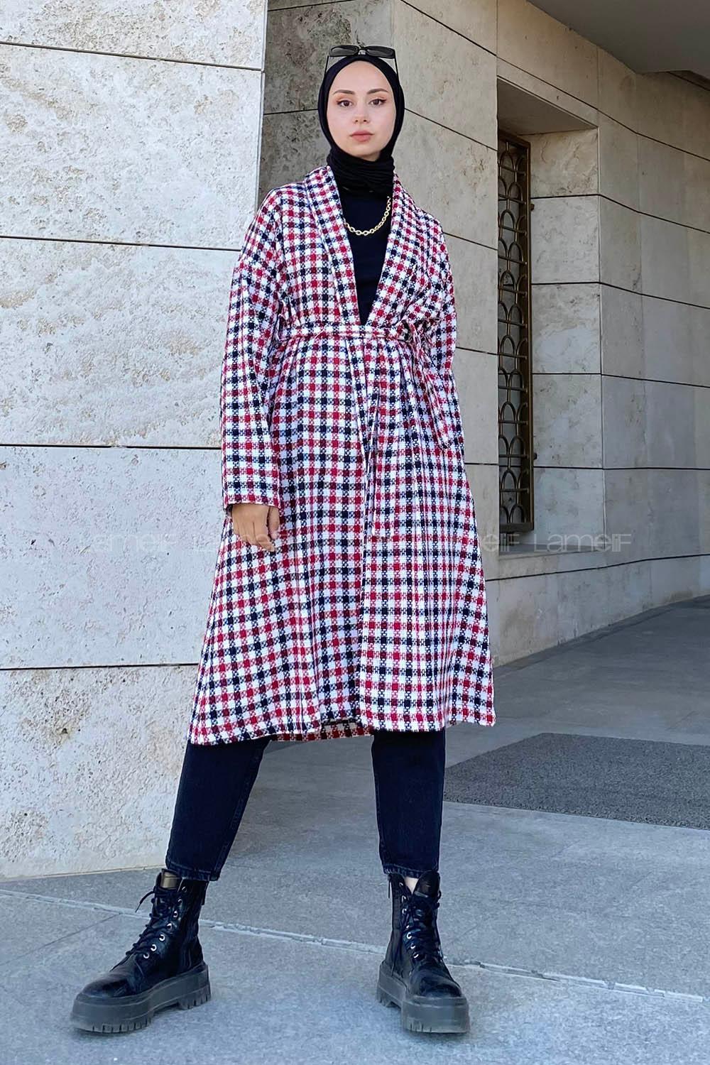 Modalamelif Ekose Desenli Kuşak Bağlamalı Trenç Kırmızı