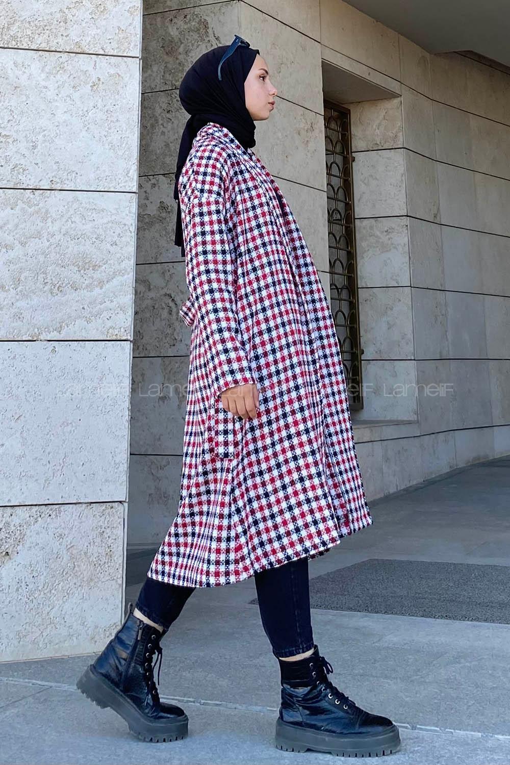 Modalamelif Ekose Desenli Kuşak Bağlamalı Trenç Kırmızı