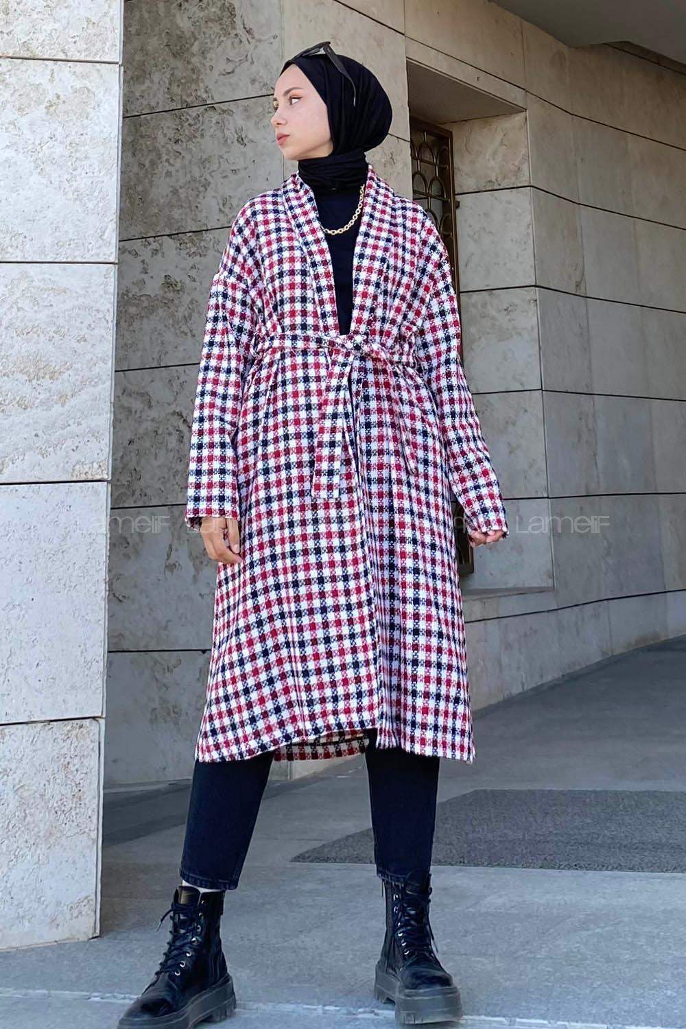 Modalamelif Ekose Desenli Kuşak Bağlamalı Trenç Kırmızı