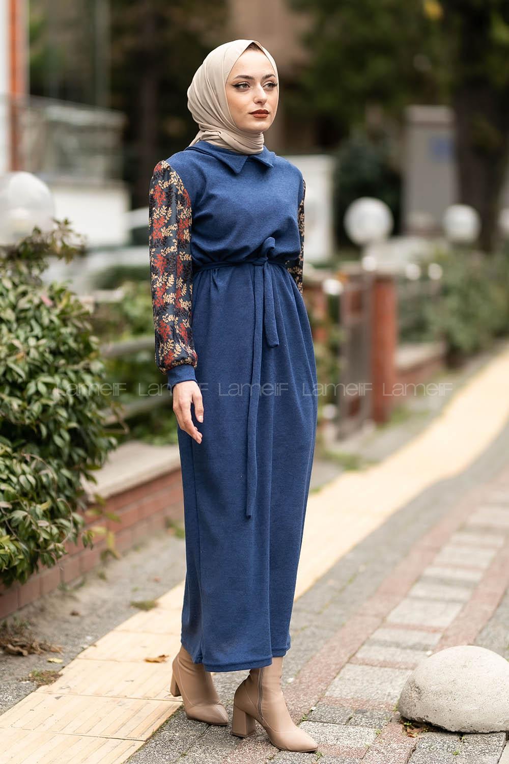 Modalamelif Hakim Yaka Kolları Dal Desenli Süet Elbise İndigo